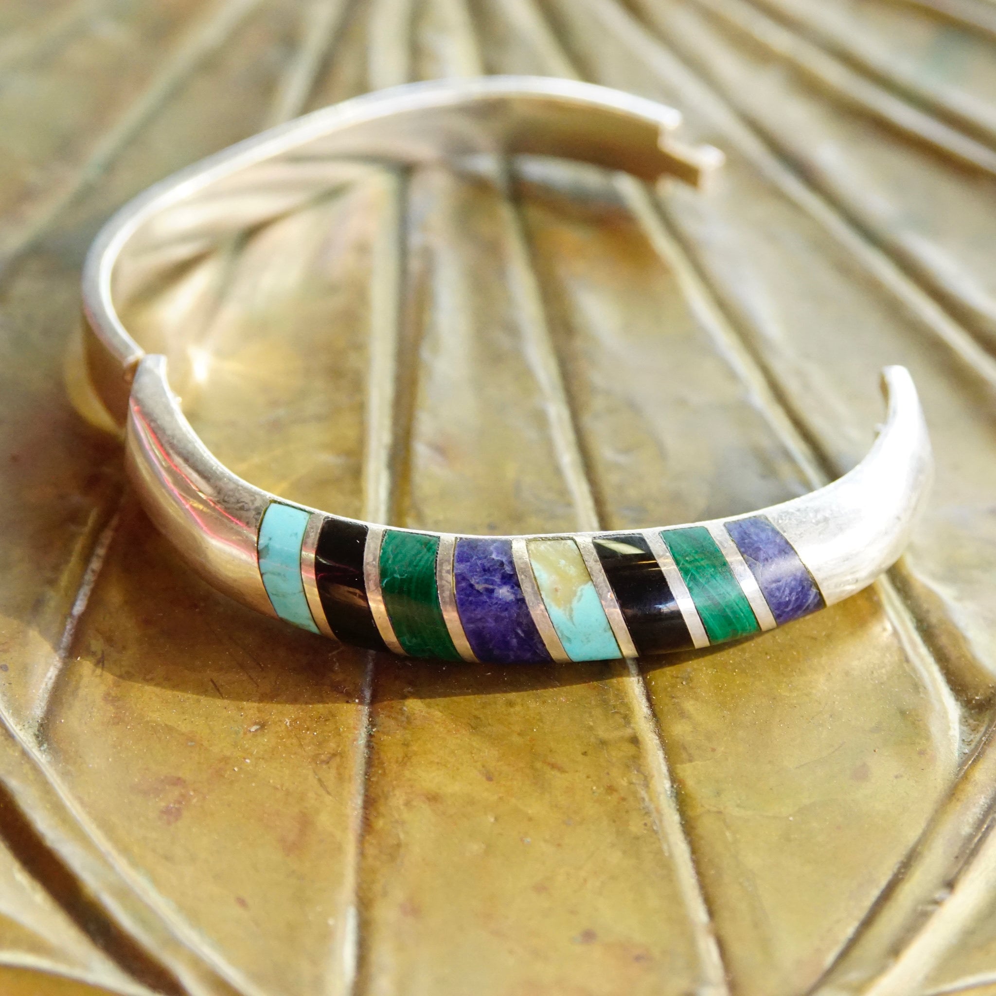 Vintage TAXCO Multi-Stone Sterling Silver Hinge Bangle, Turquoise, Lapis, Malachite, Black Onyx, Silver Bangle With Colorful Inlaid Stones