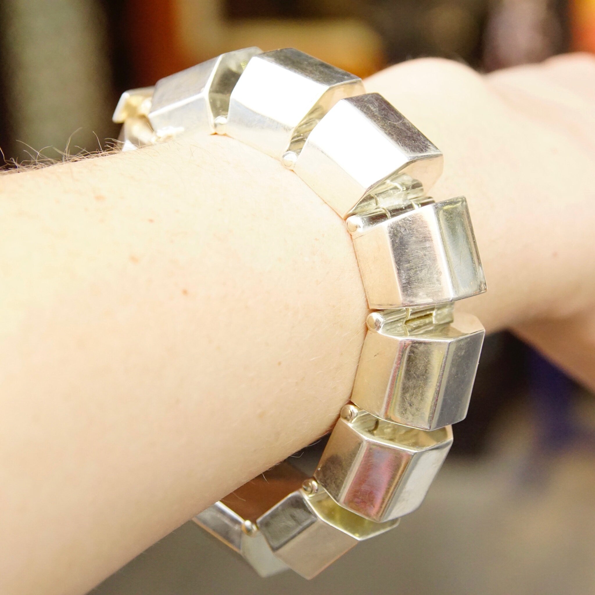 Vintage TAXCO Chunky Sterling Silver Link Bracelet, Modernist Silver Half Octagon Hinge Bracelet, Thick Sterling Bracelet, 925 TC-117 Mexico