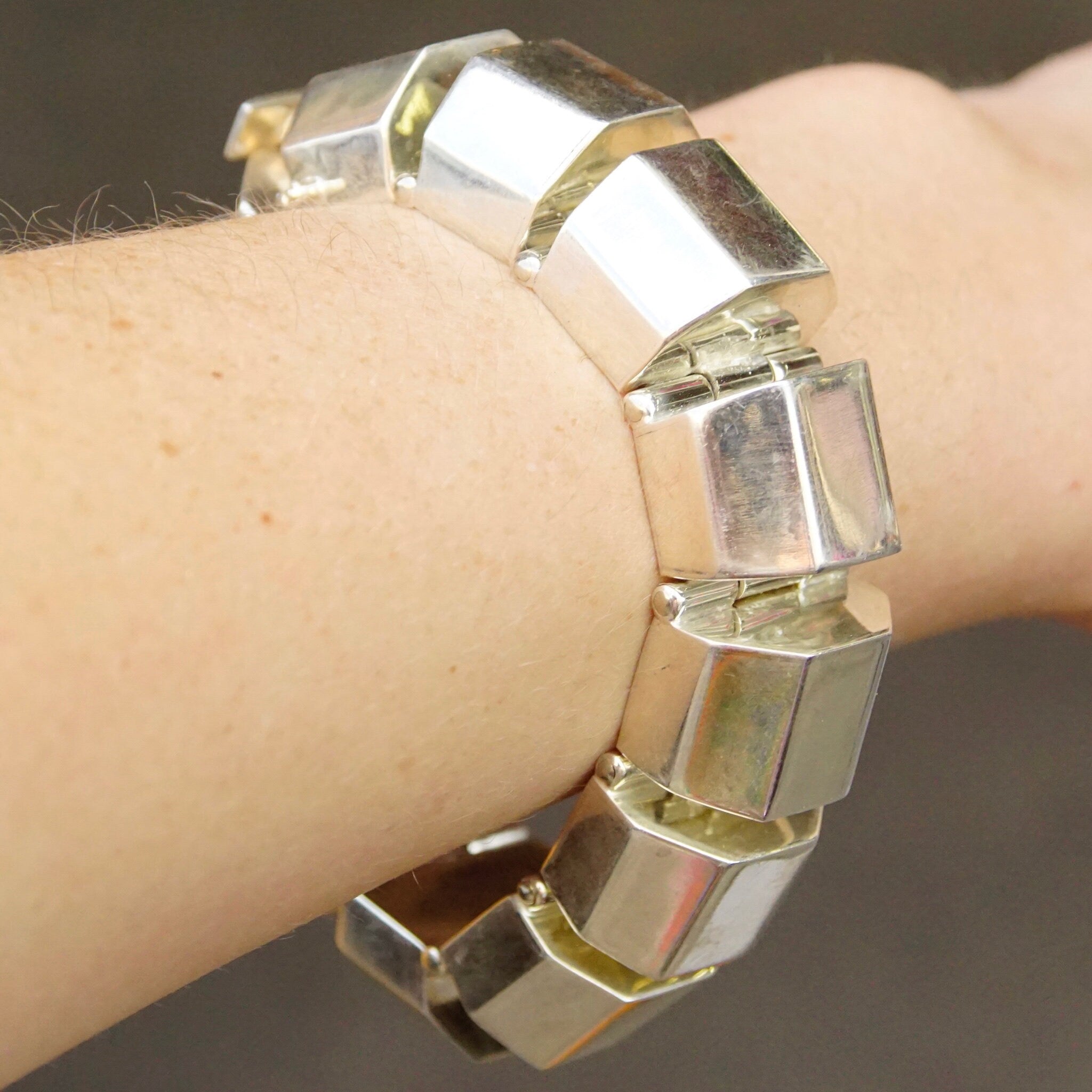 Vintage TAXCO Chunky Sterling Silver Link Bracelet, Modernist Silver Half Octagon Hinge Bracelet, Thick Sterling Bracelet, 925 TC-117 Mexico