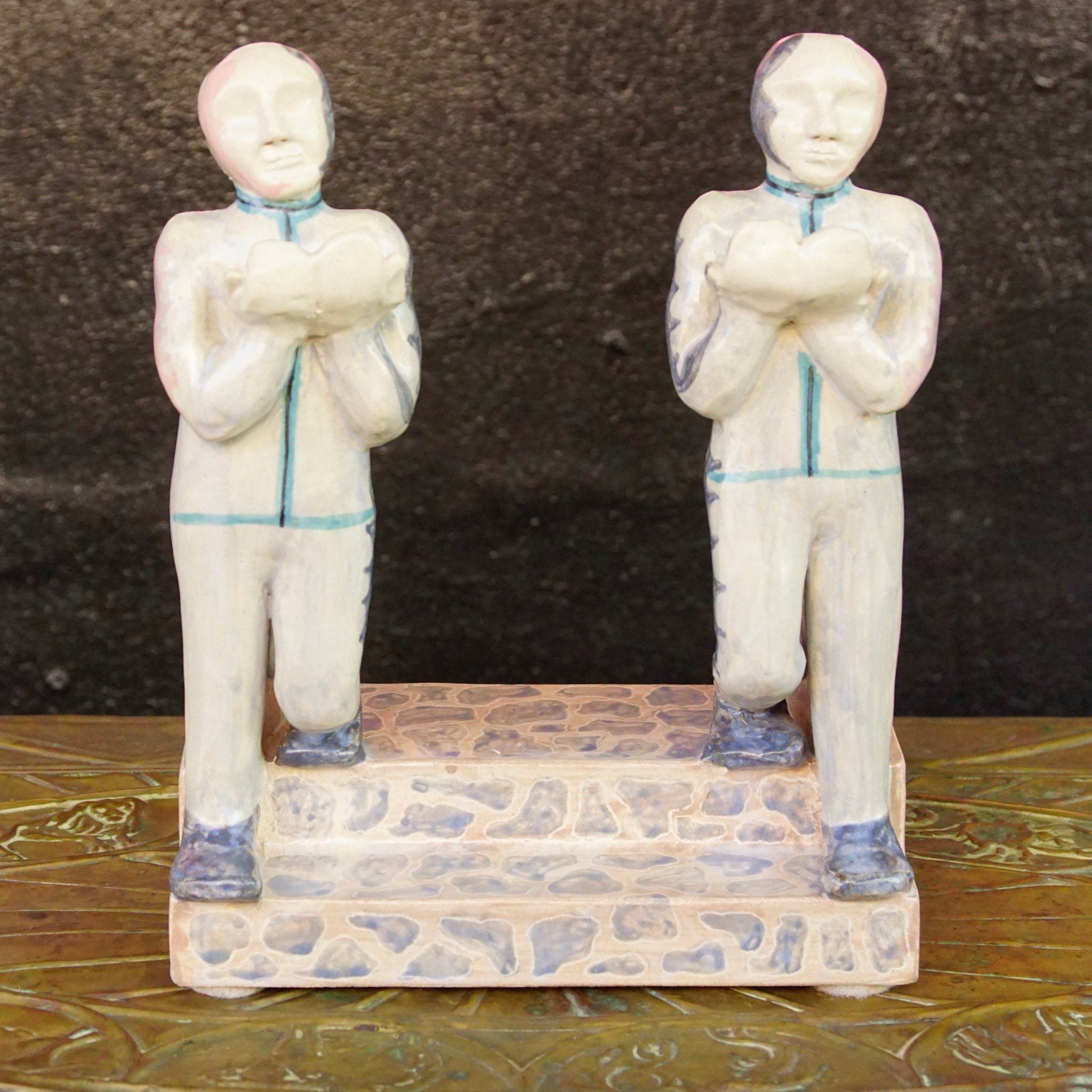 Vintage 1995 Marilyn Andrews Figures Praying On The Steps Sculpture, Unique Ceramic Statue With Glazed Pastel Colors, Allegorical Statue