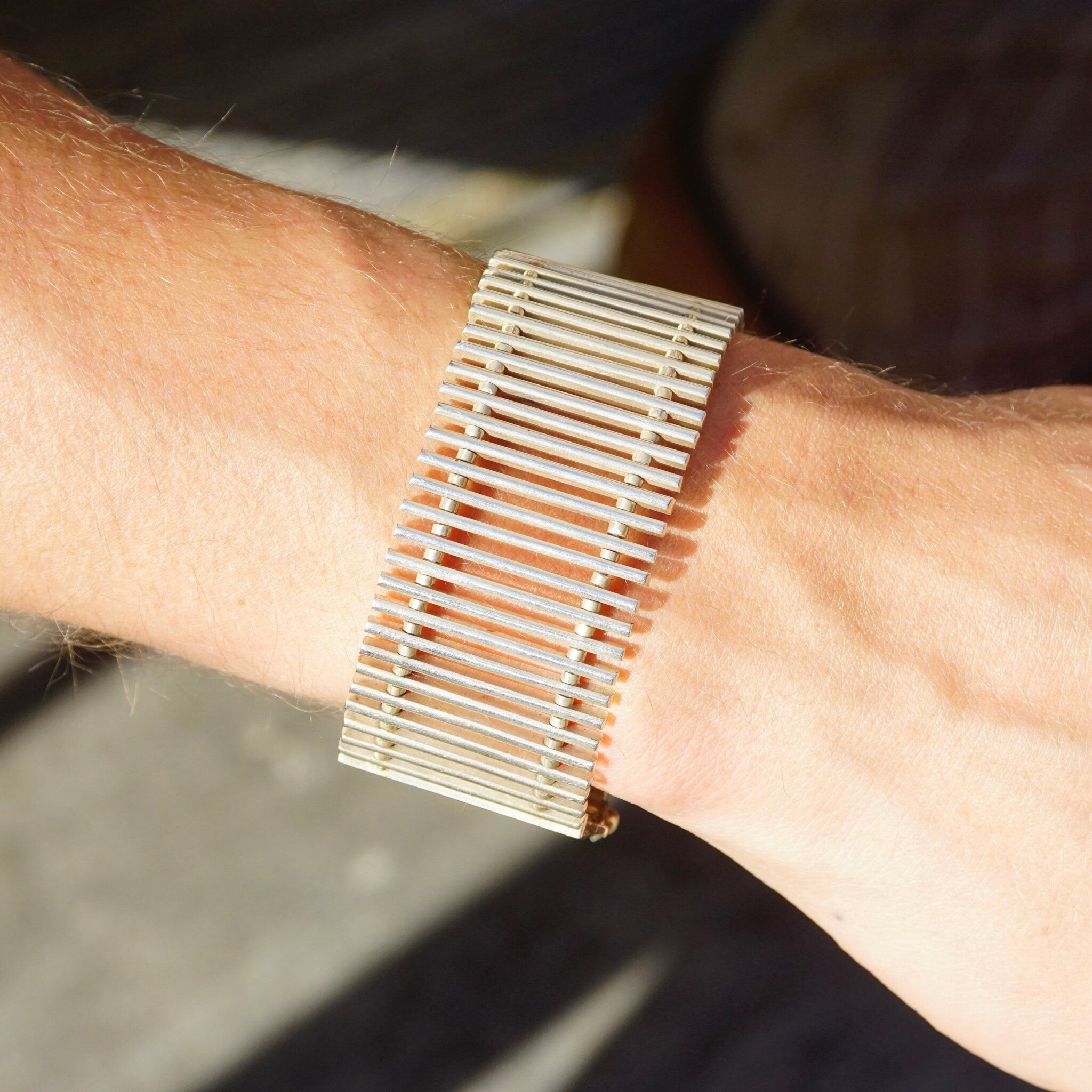 Vintage TAXCO Sterling Silver Link Clasp Bracelet, Modernist Silver Bracelet, Thick Silver Bracelet With Cut Out Design, 925 Jewelry