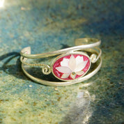 Vintage Alpaca Silver Mother of Pearl & Abalone Lotus Flower Cuff, Pink Enamel With Inlaid Shell Design, Silver Cut Out Cuff, Adjustable