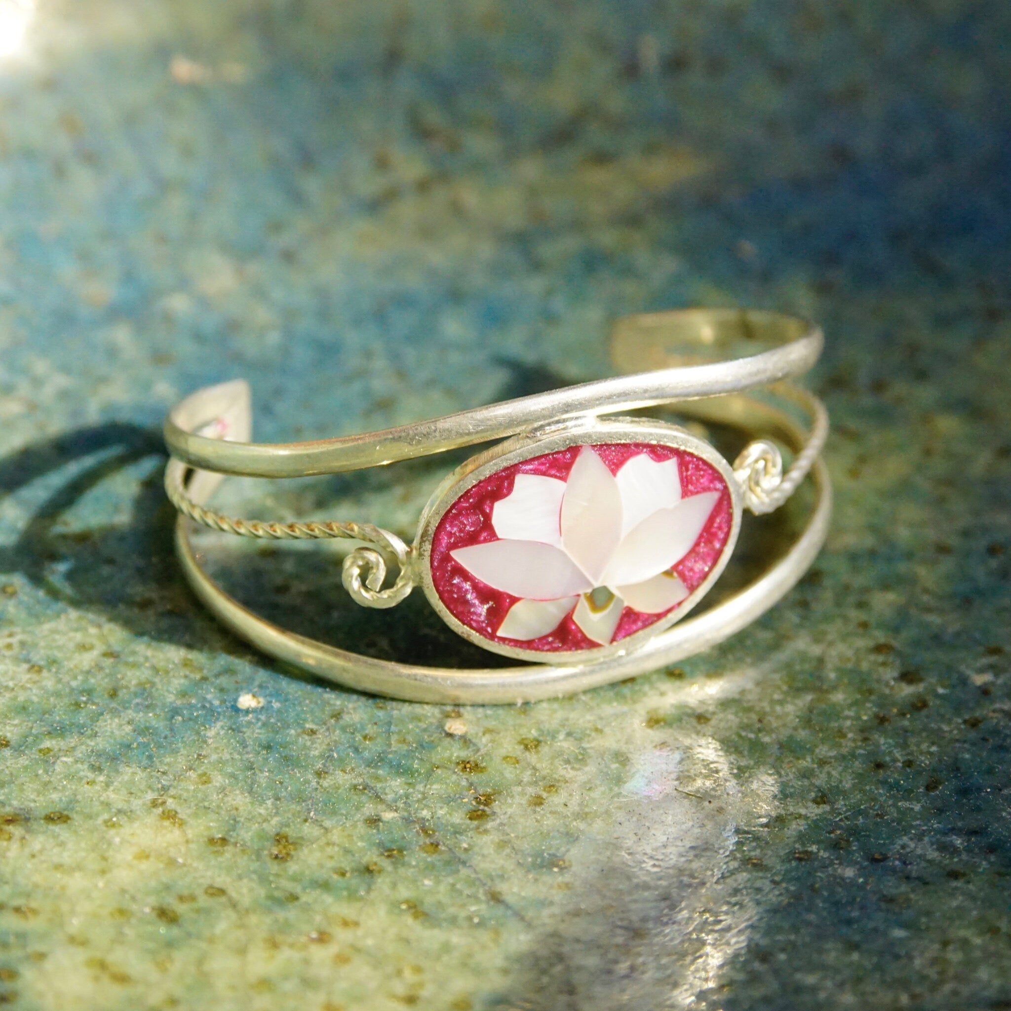 Vintage Alpaca Silver Mother of Pearl & Abalone Lotus Flower Cuff, Pink Enamel With Inlaid Shell Design, Silver Cut Out Cuff, Adjustable