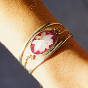 Vintage Alpaca Silver Mother of Pearl & Abalone Lotus Flower Cuff, Pink Enamel With Inlaid Shell Design, Silver Cut Out Cuff, Adjustable