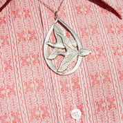 Vintage Peace On Earth 1972 Flying Doves Teardrop Pendant, Wallace Sterling Silver Embossed Dove Pendant, Large Silver Pendant, 2 3/4"