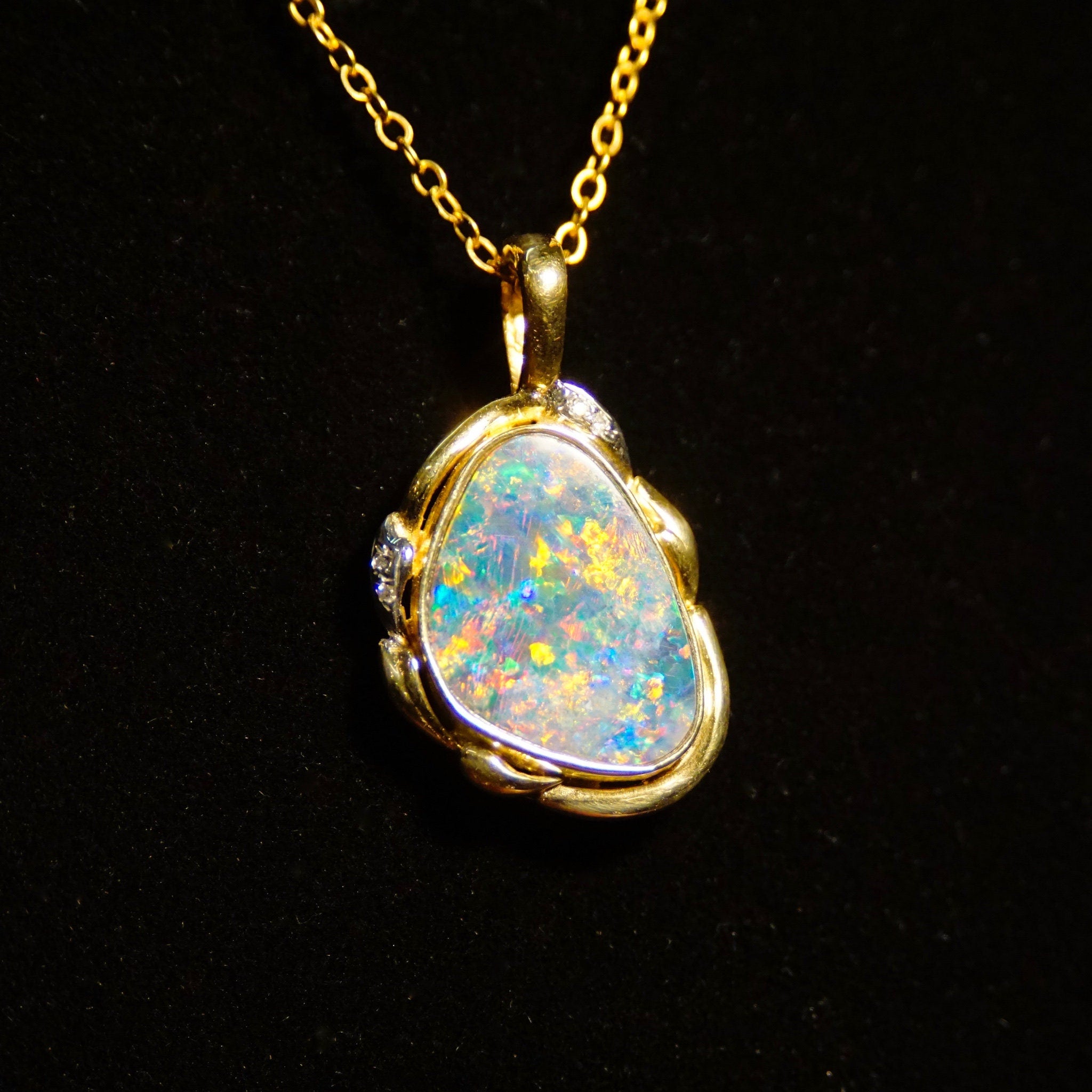 Vintage 14K Gold Crystal Opal & Diamond Pendant, Gorgeous Opalescent Pendant With Accent Diamonds, Ornate Gold Opal Necklace Pendant, 14K