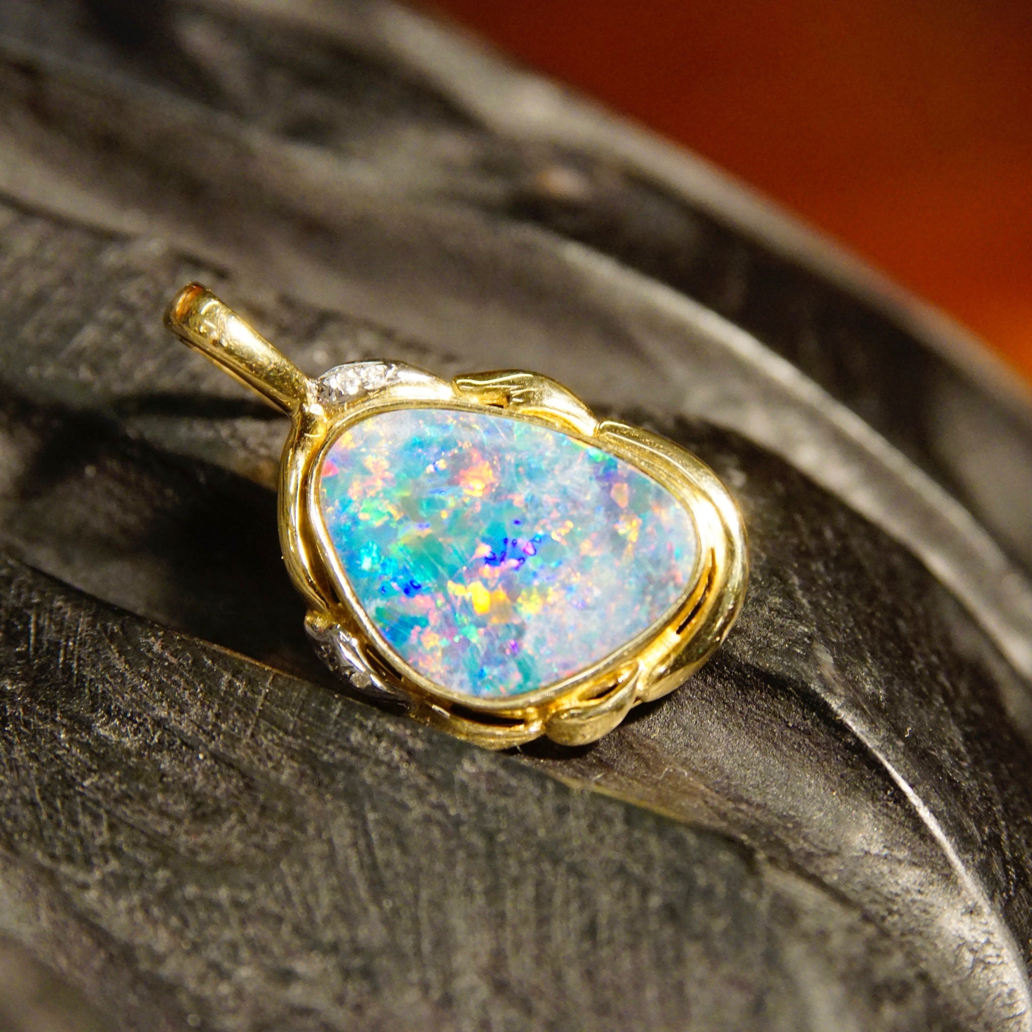 Vintage 14K Gold Crystal Opal & Diamond Pendant, Gorgeous Opalescent Pendant With Accent Diamonds, Ornate Gold Opal Necklace Pendant, 14K