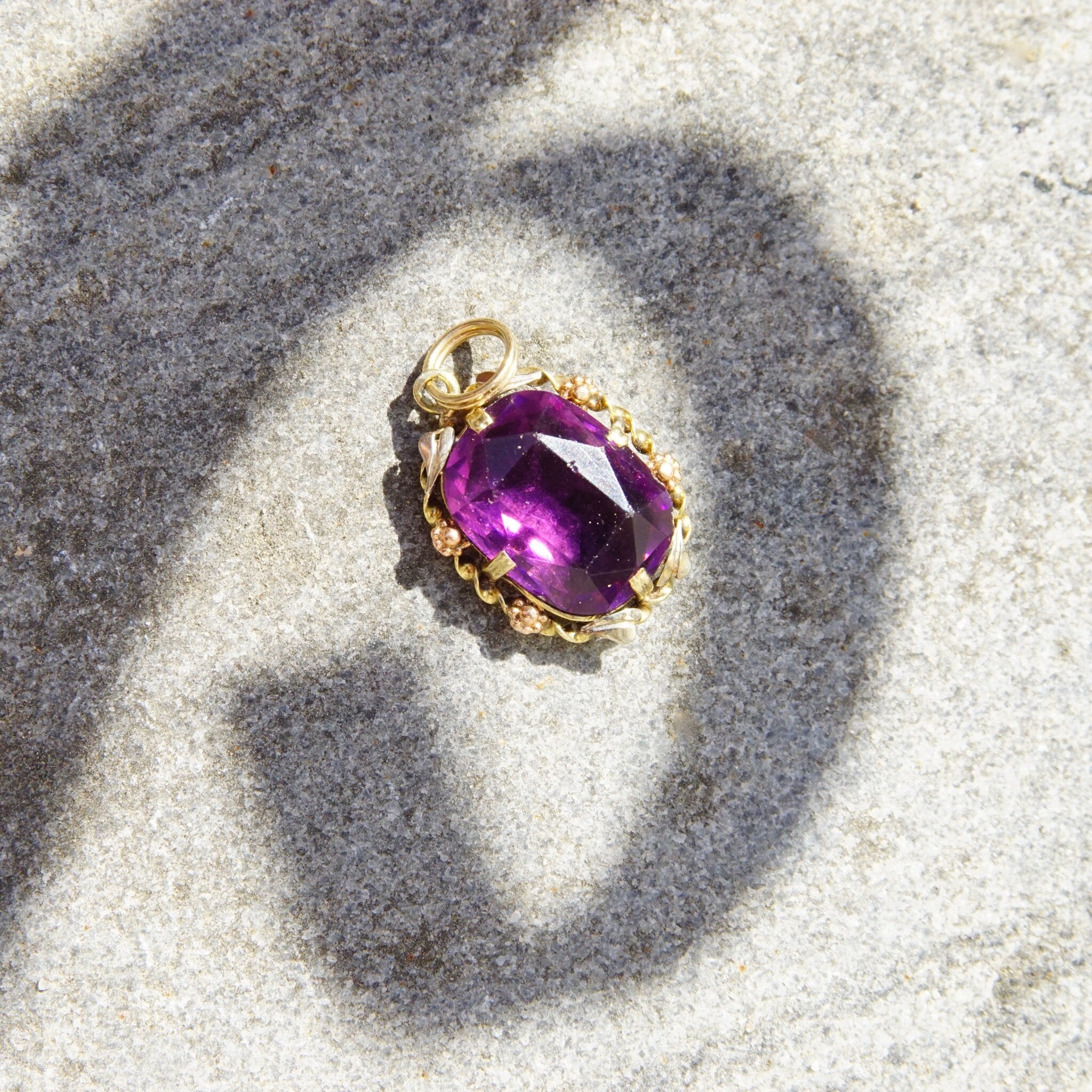 Vintage 10K Gold Amethyst Glass Pendant, Vibrant Purple & Yellow Gold Necklace Pendant, Ornate Gold Pendant With Oval Cut Glass