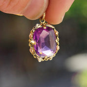 Vintage 10K Gold Amethyst Glass Pendant, Vibrant Purple & Yellow Gold Necklace Pendant, Ornate Gold Pendant With Oval Cut Glass