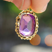 Vintage 10K Gold Amethyst Glass Pendant, Vibrant Purple & Yellow Gold Necklace Pendant, Ornate Gold Pendant With Oval Cut Glass