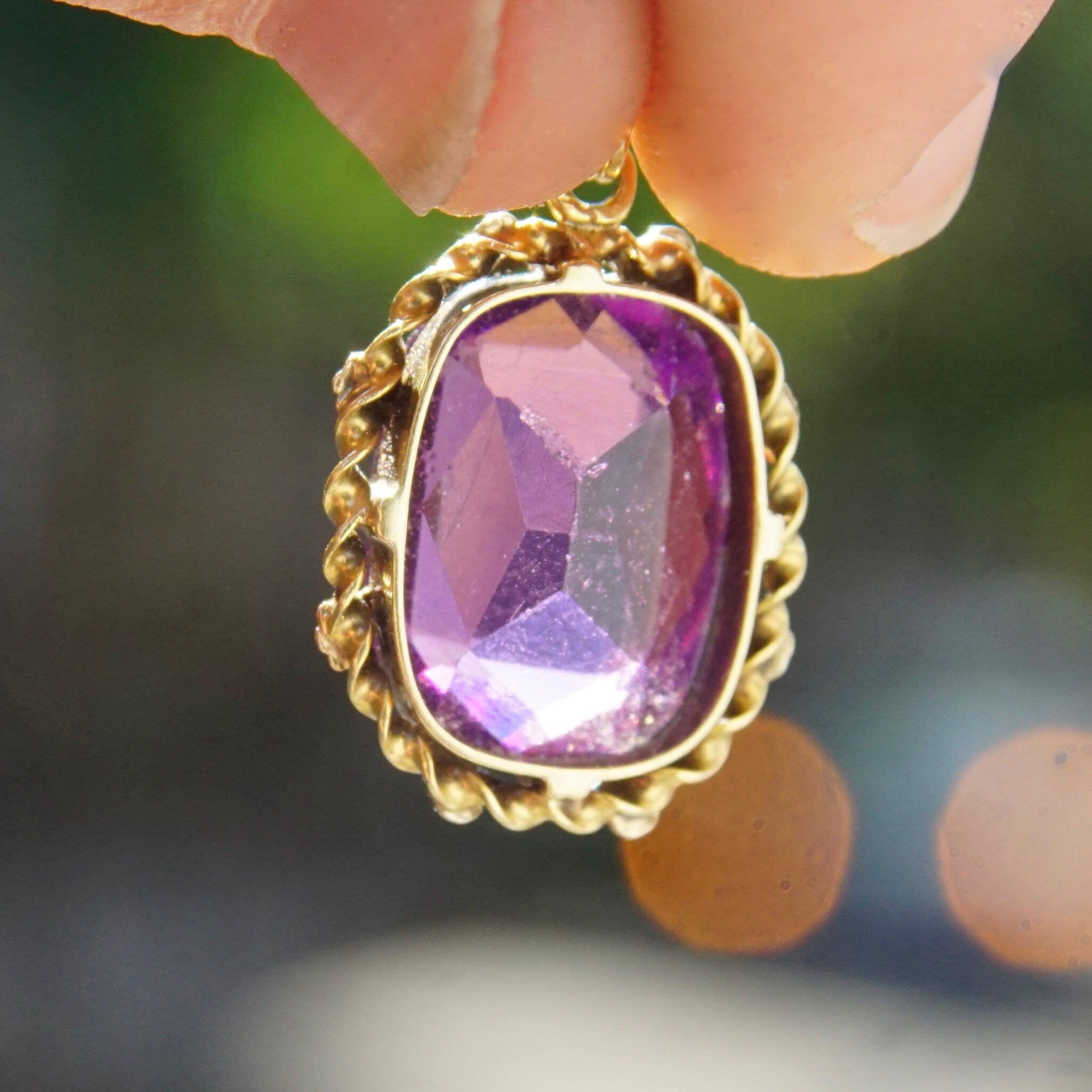 Vintage 10K Gold Amethyst Glass Pendant, Vibrant Purple & Yellow Gold Necklace Pendant, Ornate Gold Pendant With Oval Cut Glass