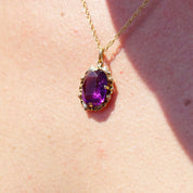 Vintage 10K Gold Amethyst Glass Pendant, Vibrant Purple & Yellow Gold Necklace Pendant, Ornate Gold Pendant With Oval Cut Glass