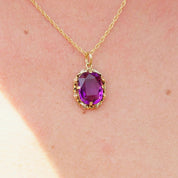 Vintage 10K Gold Amethyst Glass Pendant, Vibrant Purple & Yellow Gold Necklace Pendant, Ornate Gold Pendant With Oval Cut Glass