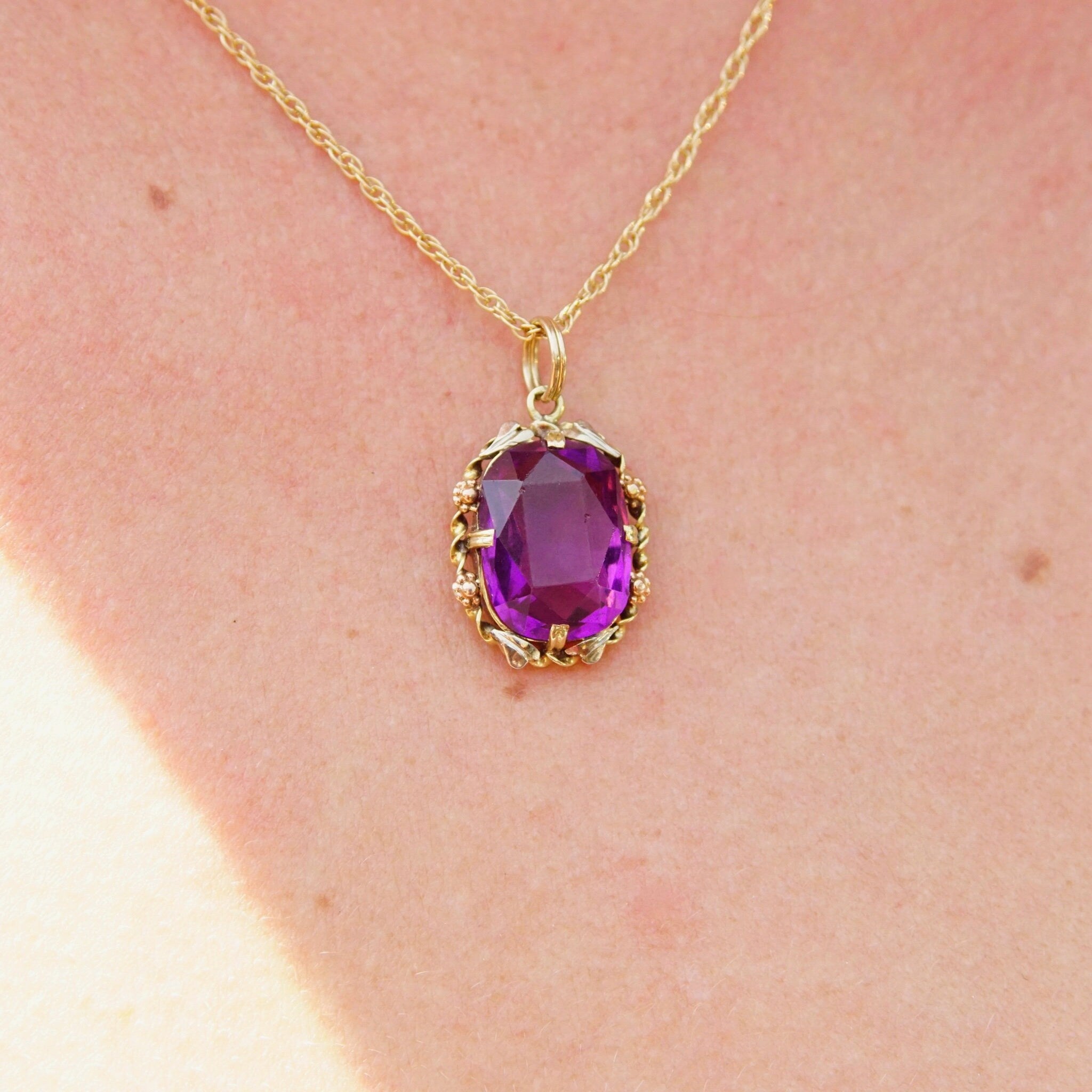 Vintage 10K Gold Amethyst Glass Pendant, Vibrant Purple & Yellow Gold Necklace Pendant, Ornate Gold Pendant With Oval Cut Glass
