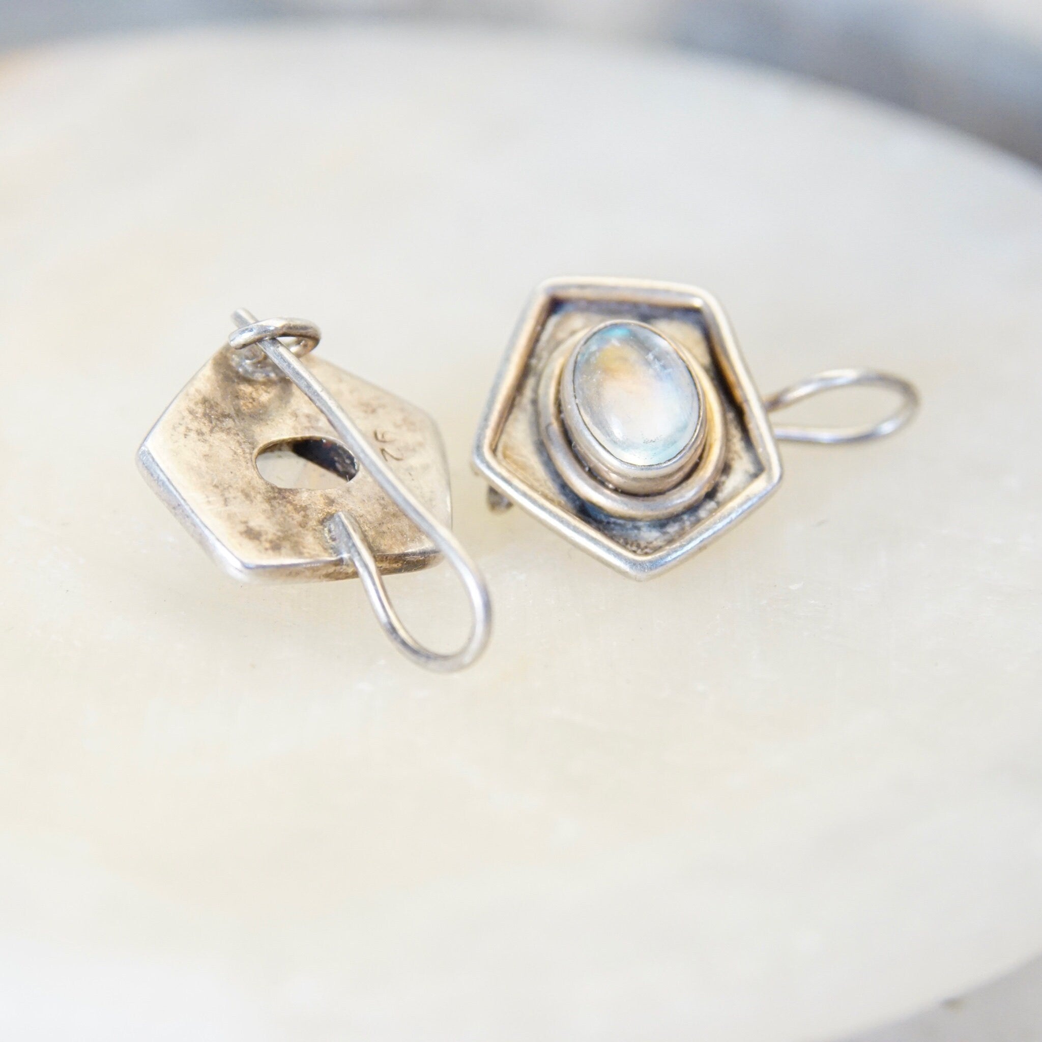 Vintage Sterling Silver Moonstone Drop Earrings, Iridescent Moonstone In Silver Pentagon Setting, Unique Silver Dangle Earrings, 7/8" L