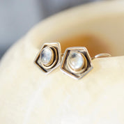 Vintage Sterling Silver Moonstone Drop Earrings, Iridescent Moonstone In Silver Pentagon Setting, Unique Silver Dangle Earrings, 7/8" L