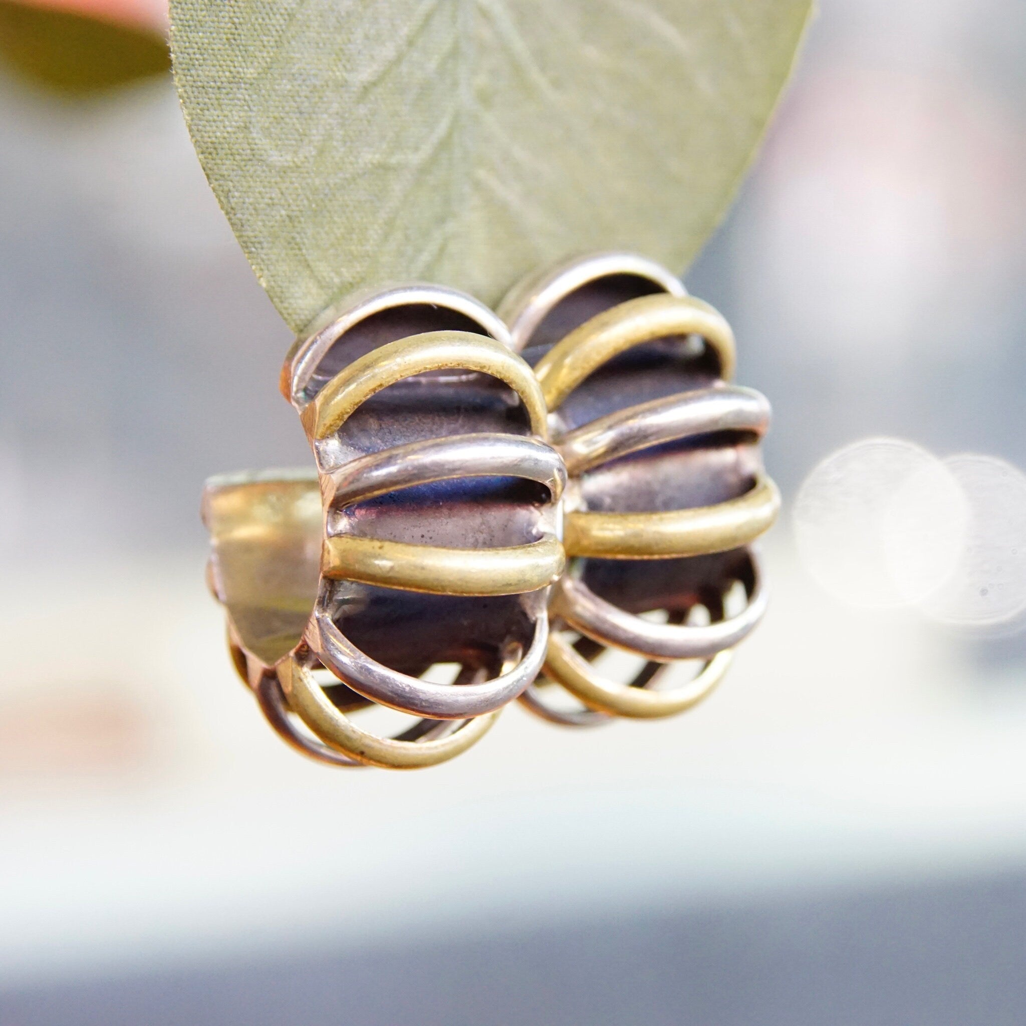 Vintage Taxco Two-Tone Chunky Hoop Earrings, Chunky Sterling Silver & Brass Overlay Half Moon Hoop Stud Earrings, 925 Mexico