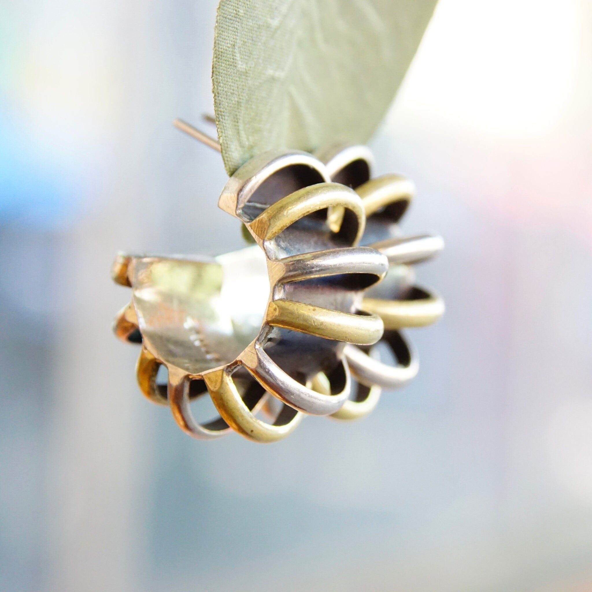 Vintage Taxco Two-Tone Chunky Hoop Earrings, Chunky Sterling Silver & Brass Overlay Half Moon Hoop Stud Earrings, 925 Mexico
