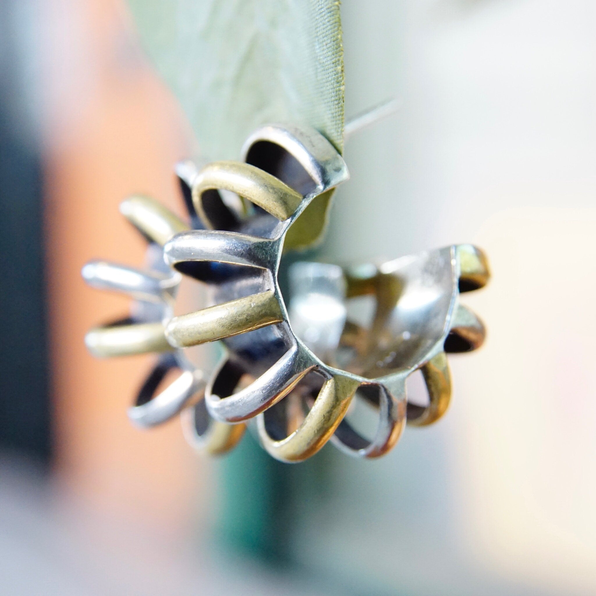Vintage Taxco Two-Tone Chunky Hoop Earrings, Chunky Sterling Silver & Brass Overlay Half Moon Hoop Stud Earrings, 925 Mexico