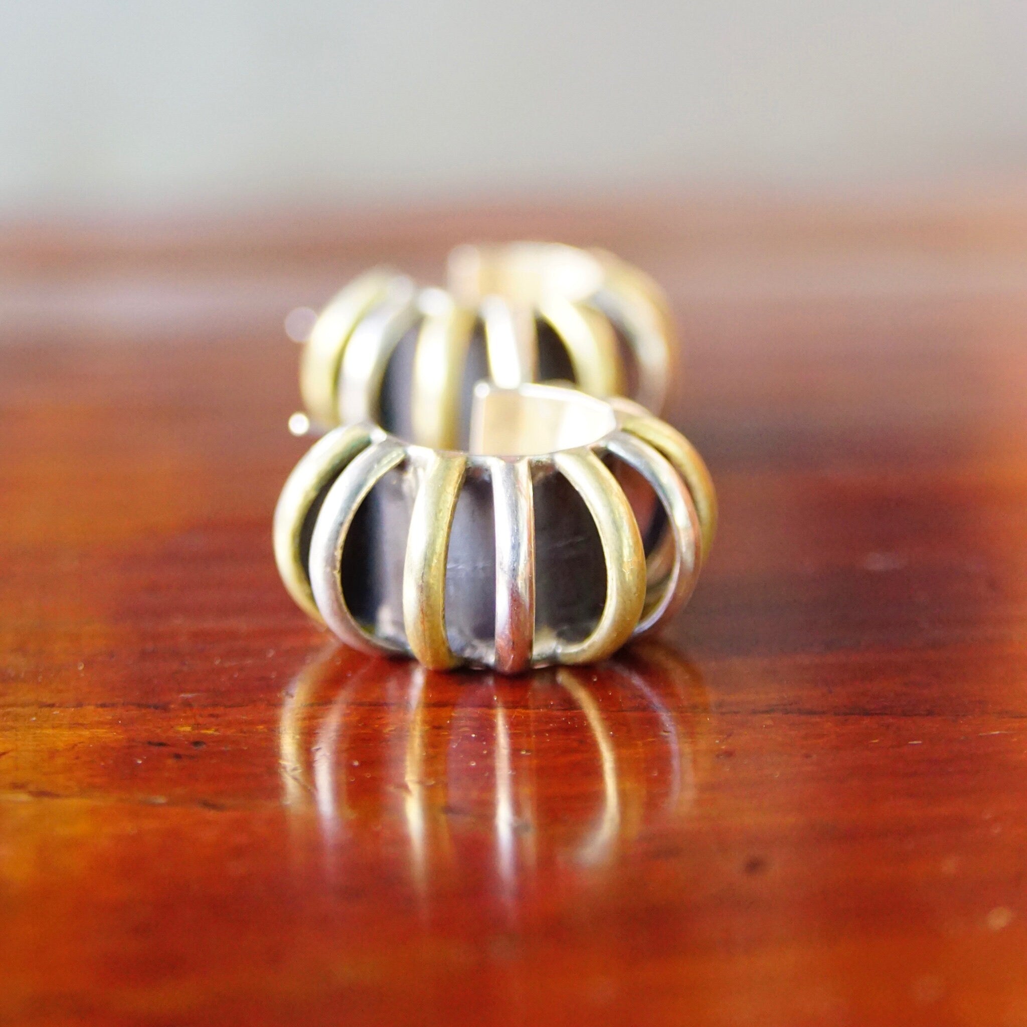Vintage Taxco Two-Tone Chunky Hoop Earrings, Chunky Sterling Silver & Brass Overlay Half Moon Hoop Stud Earrings, 925 Mexico