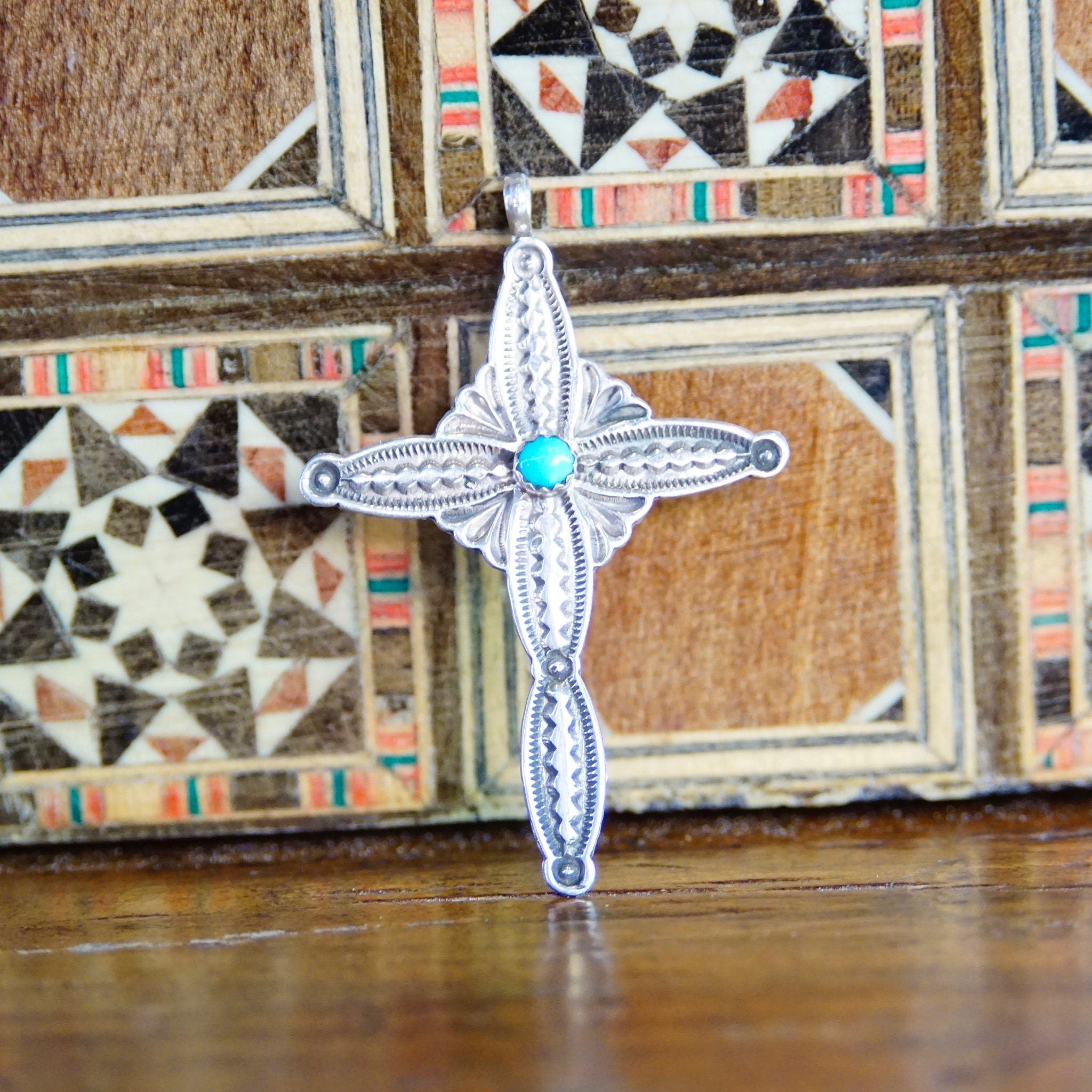 Vintage Native American Hammered Sterling Silver Cross Pendant, RB Sterling, Navajo Silver & Turquoise Cross Necklace Pendant, 925 Jewelry