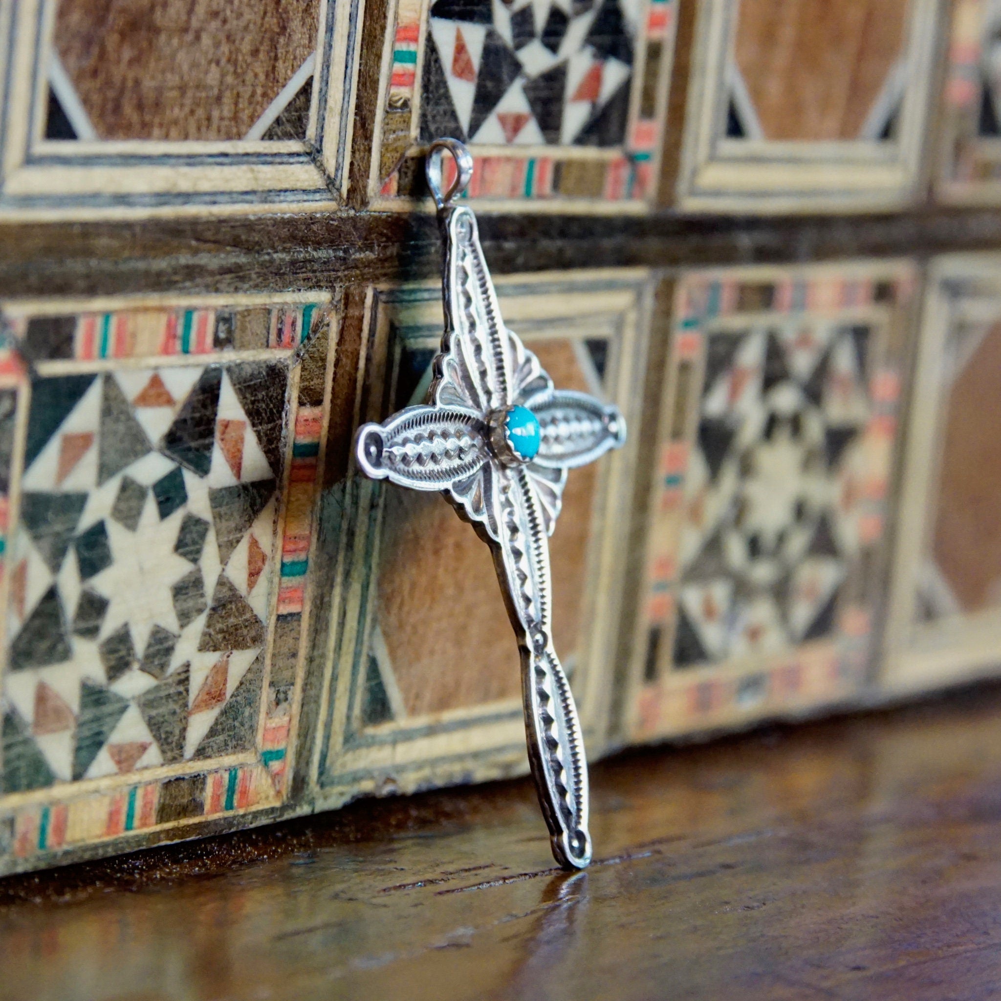 Vintage Native American Hammered Sterling Silver Cross Pendant, RB Sterling, Navajo Silver & Turquoise Cross Necklace Pendant, 925 Jewelry