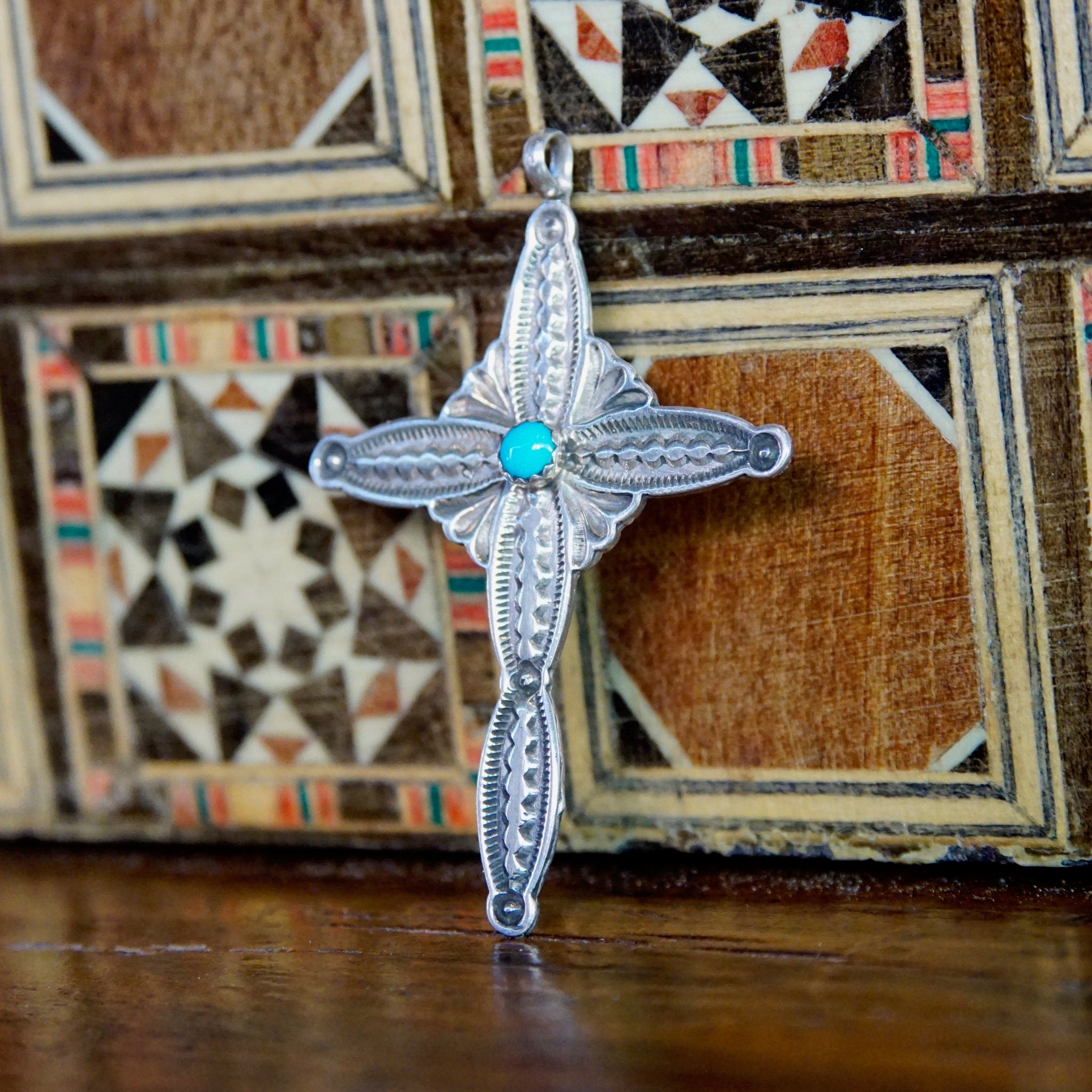 Vintage Native American Hammered Sterling Silver Cross Pendant, RB Sterling, Navajo Silver & Turquoise Cross Necklace Pendant, 925 Jewelry