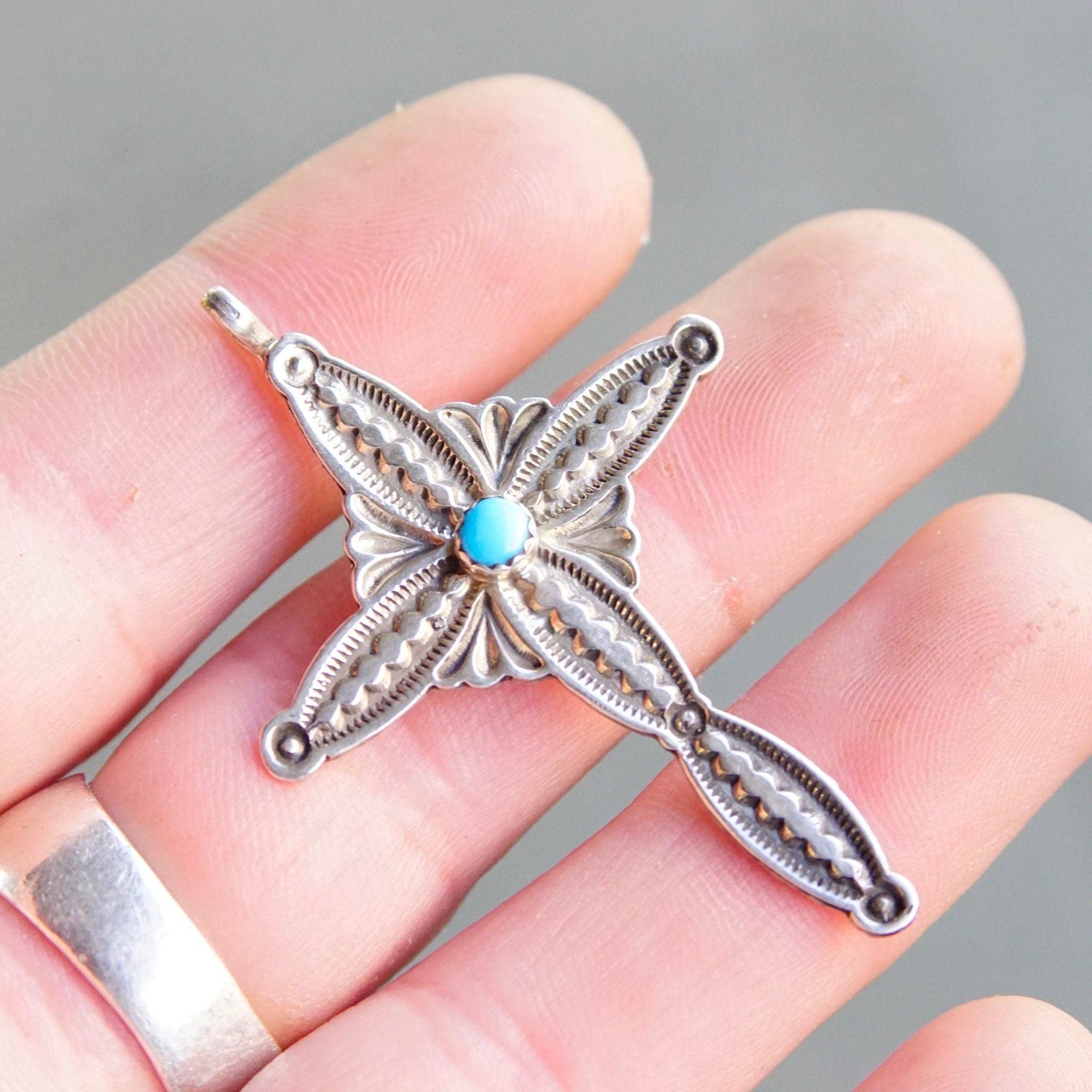 Vintage Native American Hammered Sterling Silver Cross Pendant, RB Sterling, Navajo Silver & Turquoise Cross Necklace Pendant, 925 Jewelry