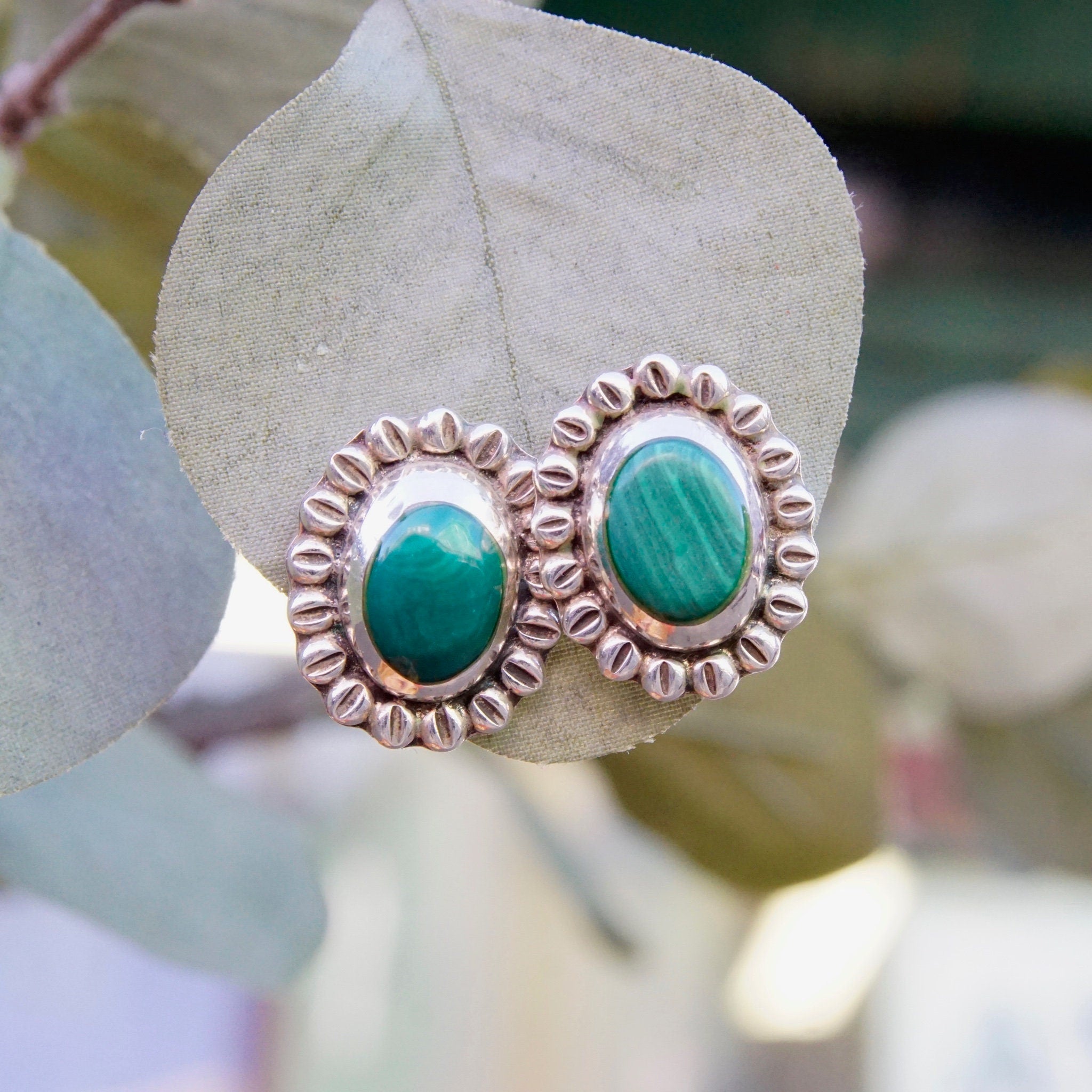 Vintage Sterling Silver & Malachite Flower Stud Earrings, Hammered Silver Earrings With Green Stone, Statement Earrings, Mexico 925