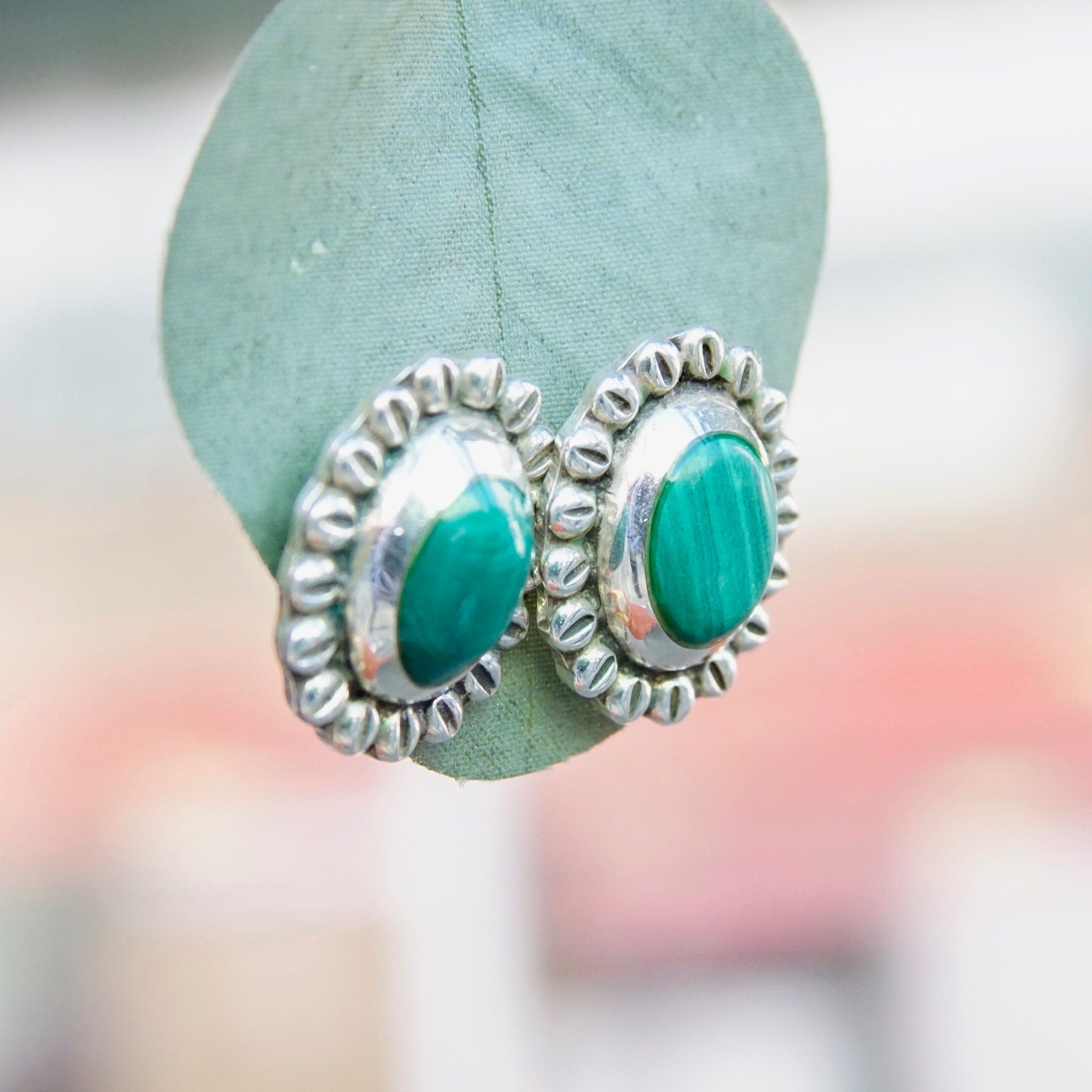 Vintage Sterling Silver & Malachite Flower Stud Earrings, Hammered Silver Earrings With Green Stone, Statement Earrings, Mexico 925