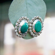 Vintage Sterling Silver & Malachite Flower Stud Earrings, Hammered Silver Earrings With Green Stone, Statement Earrings, Mexico 925