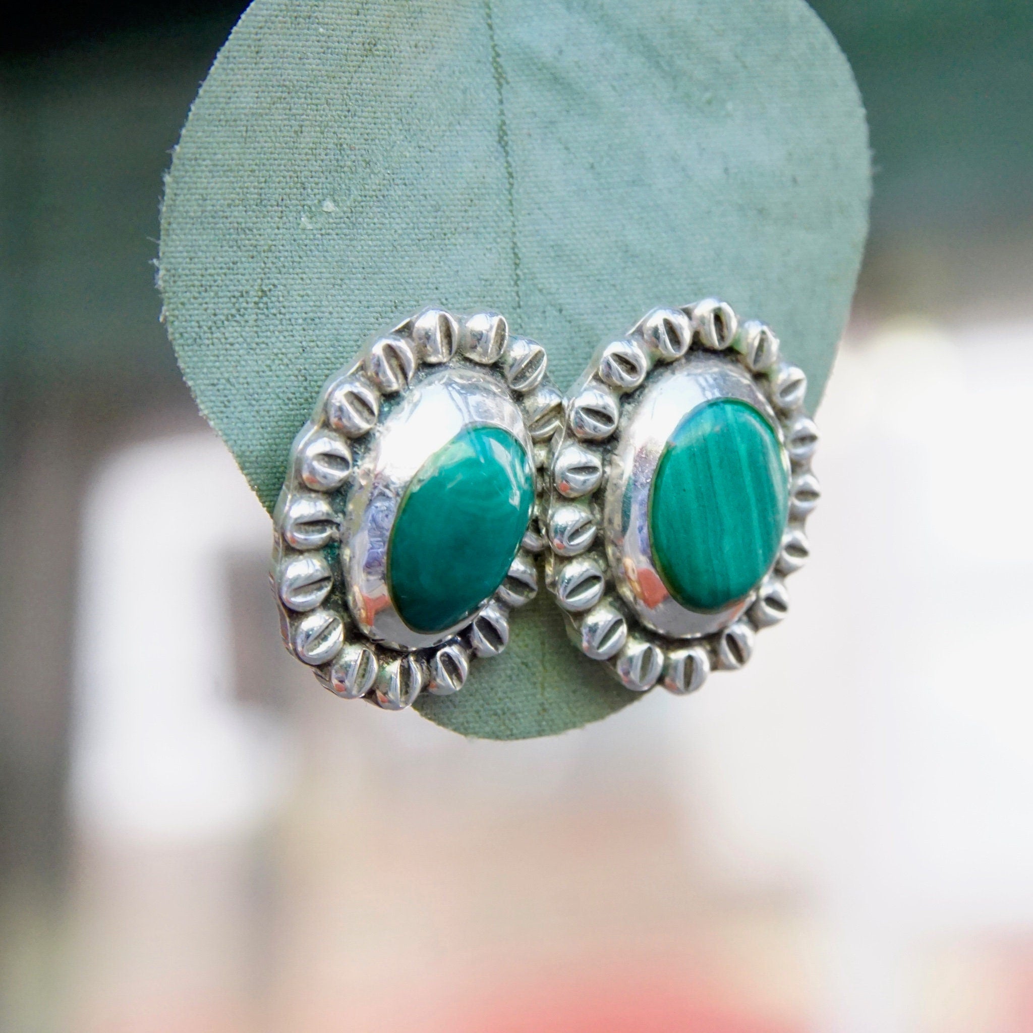 Vintage Sterling Silver & Malachite Flower Stud Earrings, Hammered Silver Earrings With Green Stone, Statement Earrings, Mexico 925