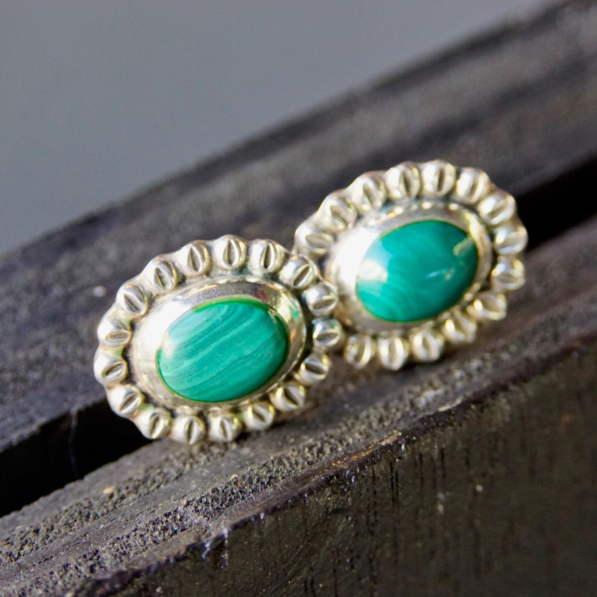 Vintage Sterling Silver & Malachite Flower Stud Earrings, Hammered Silver Earrings With Green Stone, Statement Earrings, Mexico 925