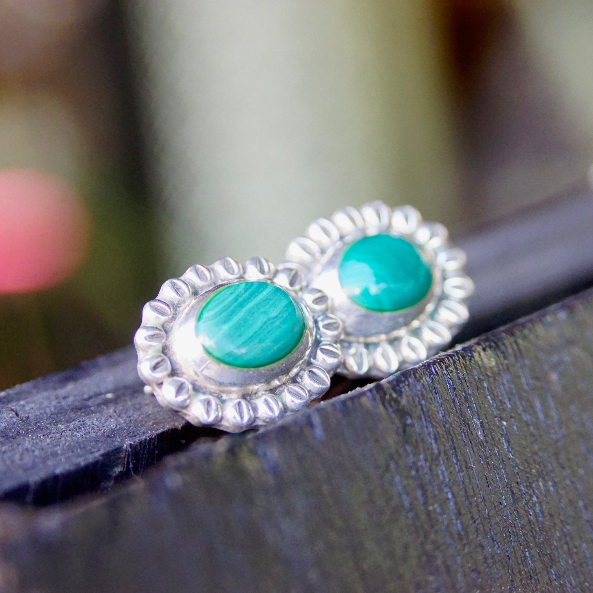 Vintage Sterling Silver & Malachite Flower Stud Earrings, Hammered Silver Earrings With Green Stone, Statement Earrings, Mexico 925