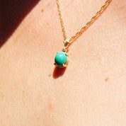 Vintage 14K Solitaire Turquoise Pendant Necklace, Prong Set Green Turquoise Stone Pendant, Delicate 14K Yellow Gold Chain, 18" Long