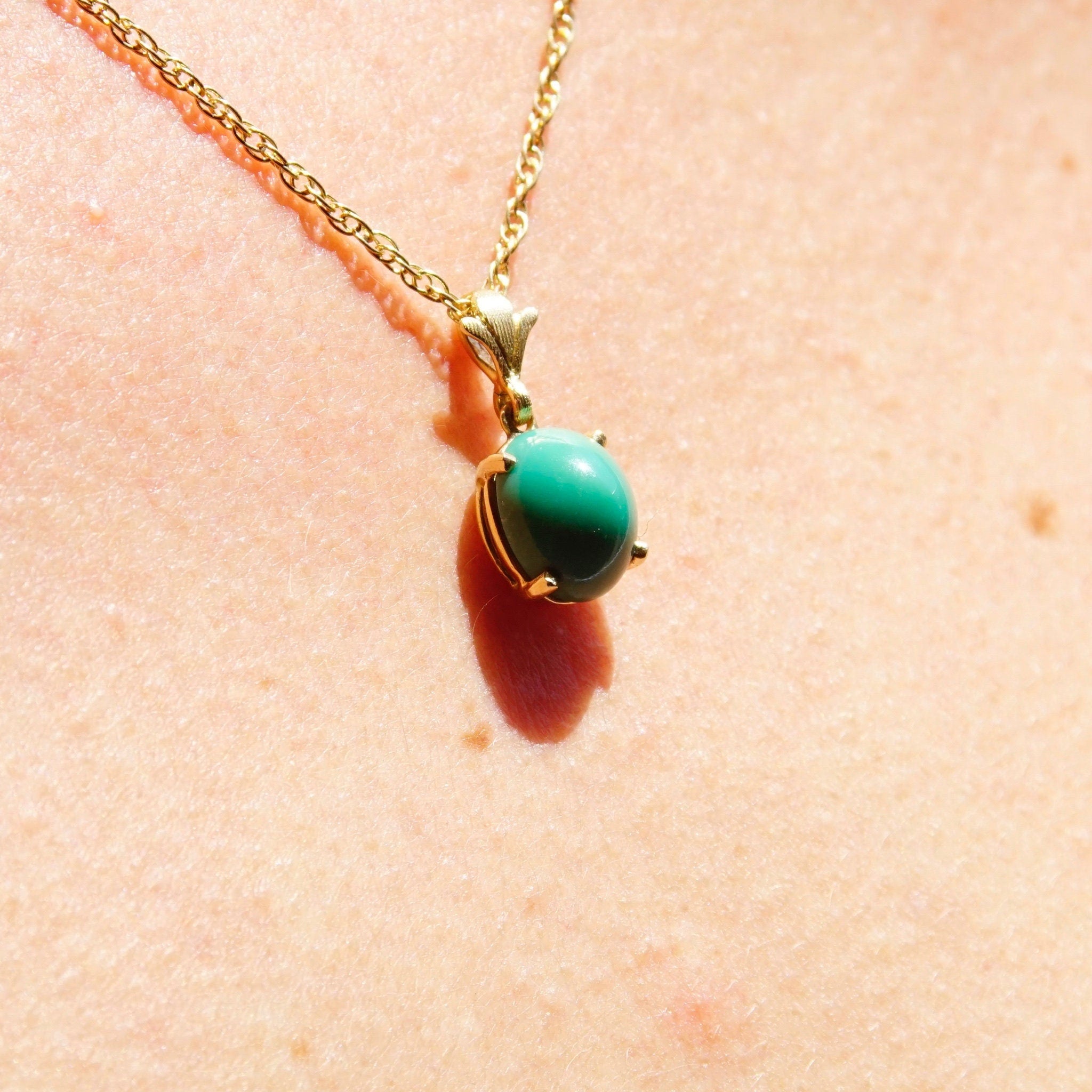 Vintage 14K Solitaire Turquoise Pendant Necklace, Prong Set Green Turquoise Stone Pendant, Delicate 14K Yellow Gold Chain, 18" Long