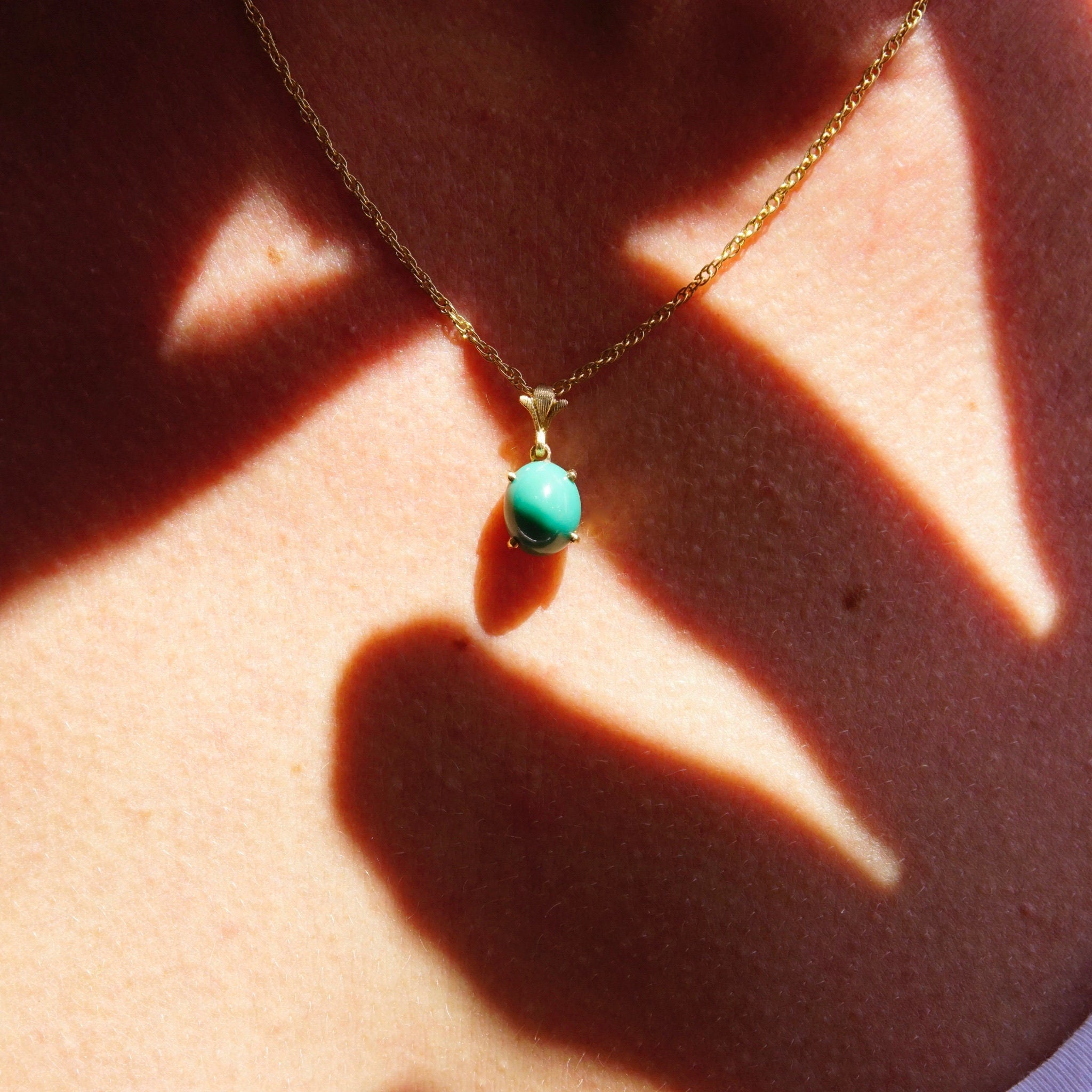 Vintage 14K Solitaire Turquoise Pendant Necklace, Prong Set Green Turquoise Stone Pendant, Delicate 14K Yellow Gold Chain, 18" Long