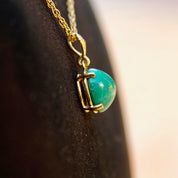 Vintage 14K Solitaire Turquoise Pendant Necklace, Prong Set Green Turquoise Stone Pendant, Delicate 14K Yellow Gold Chain, 18" Long