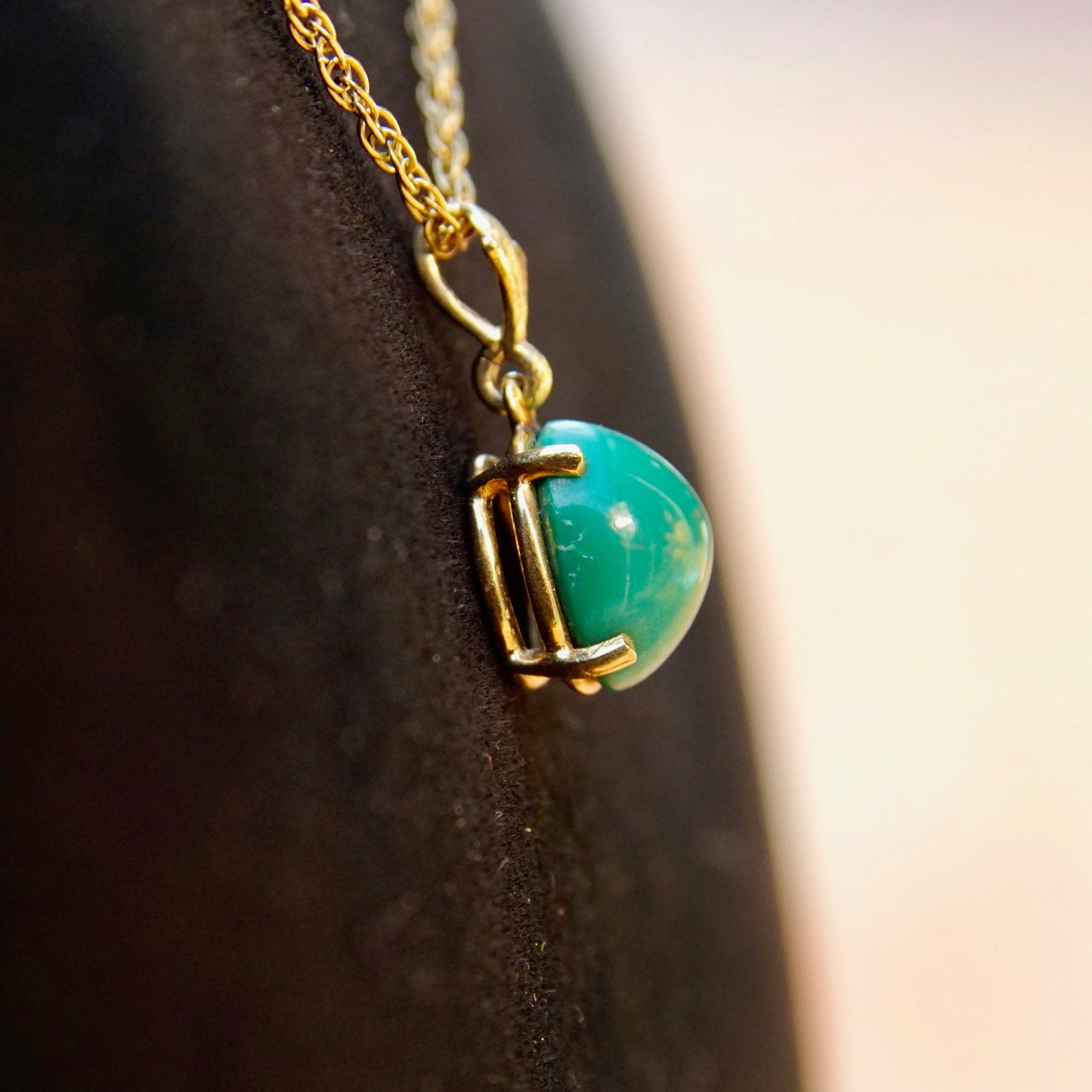 Vintage 14K Solitaire Turquoise Pendant Necklace, Prong Set Green Turquoise Stone Pendant, Delicate 14K Yellow Gold Chain, 18" Long