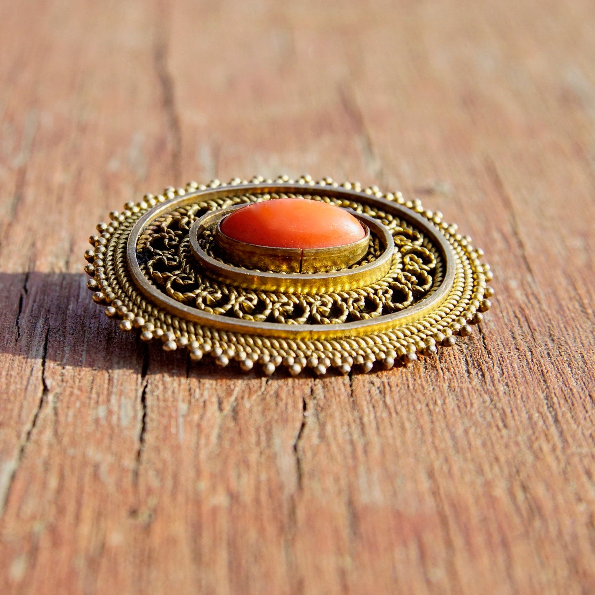Vintage Israel 925 Gold Filigree Coral Brooch/Pendant, Ornate Gold Washed Pendant With Red Coral Stone, Gold Tone Sterling Silver Brooch