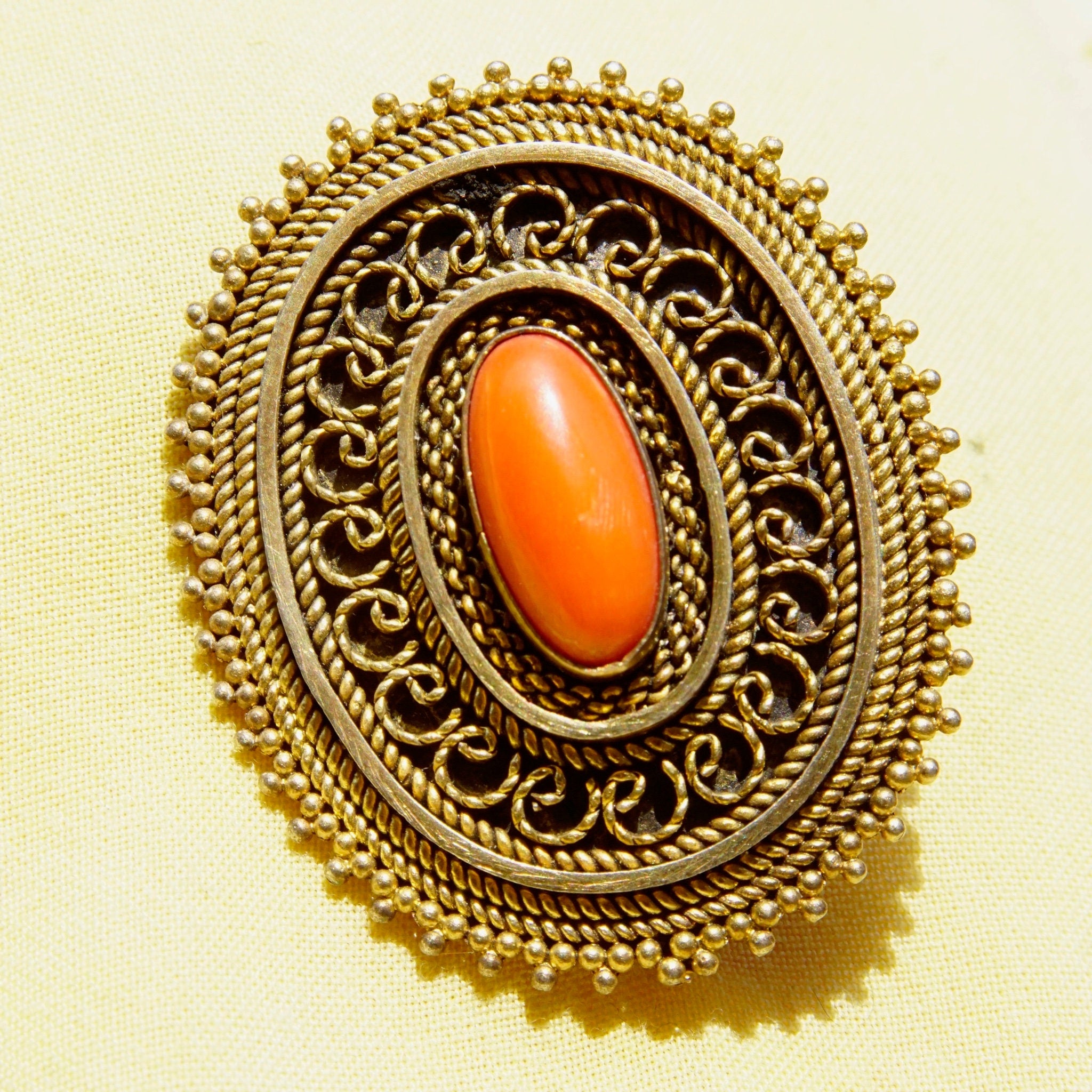 Vintage Israel 925 Gold Filigree Coral Brooch/Pendant, Ornate Gold Washed Pendant With Red Coral Stone, Gold Tone Sterling Silver Brooch