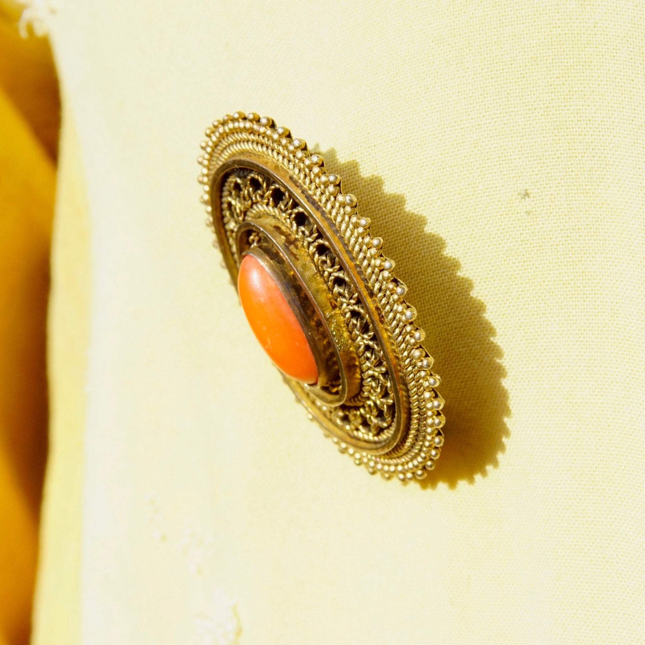 Vintage Israel 925 Gold Filigree Coral Brooch/Pendant, Ornate Gold Washed Pendant With Red Coral Stone, Gold Tone Sterling Silver Brooch