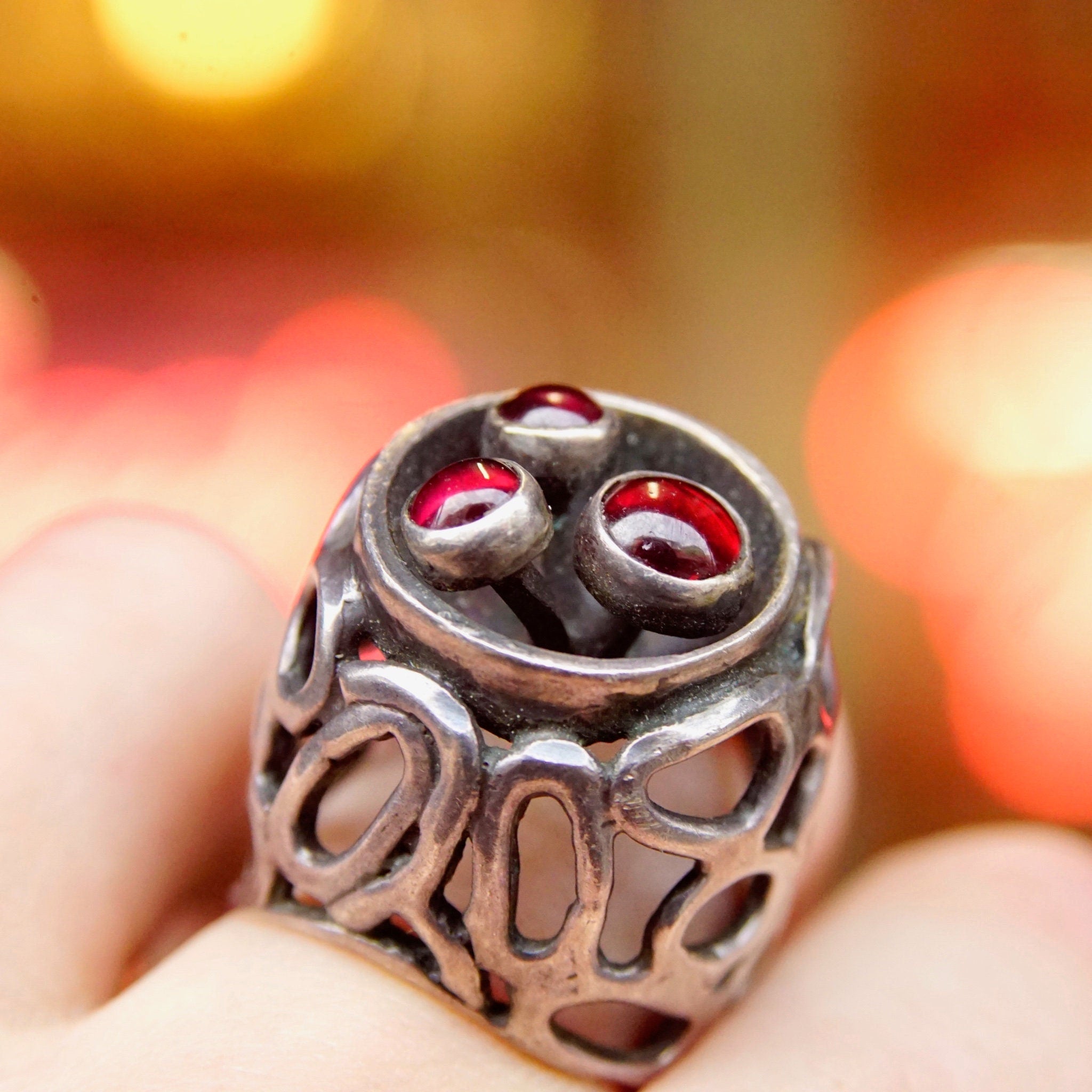 Vintage Signed Brutalist Modernist Sterling Silver & Garnet Dome Ring, Huge Raised Abstract Bubble Cut Out Ring, Oxidized Silver, Size 7 US