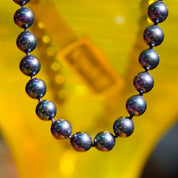 Vintage Majorica Iridescent Black Pearl Necklace, 8mm Simulated Pearls, Single Strand, 925 Fish Hook Clasp, Original Box & Paperwork, 19.5"