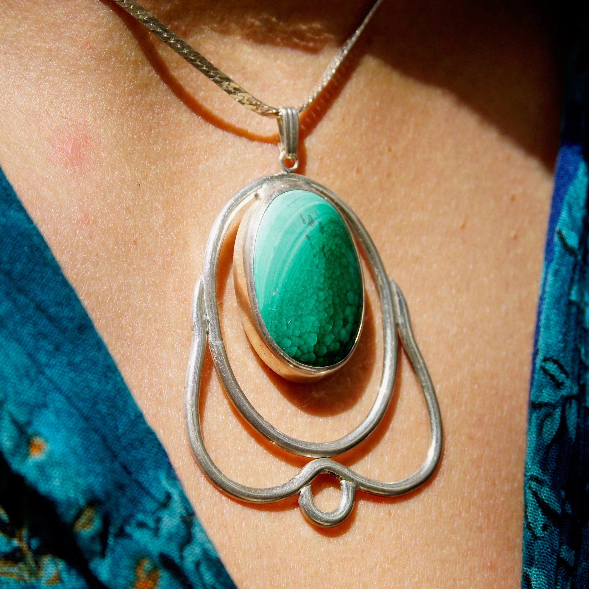 Vintage Peter Ernst Danish Modernist Sterling Silver Malachite Pendant Necklace, Large Pendant, 2mm Silver Herringbone Chain, 17 3/4" Long