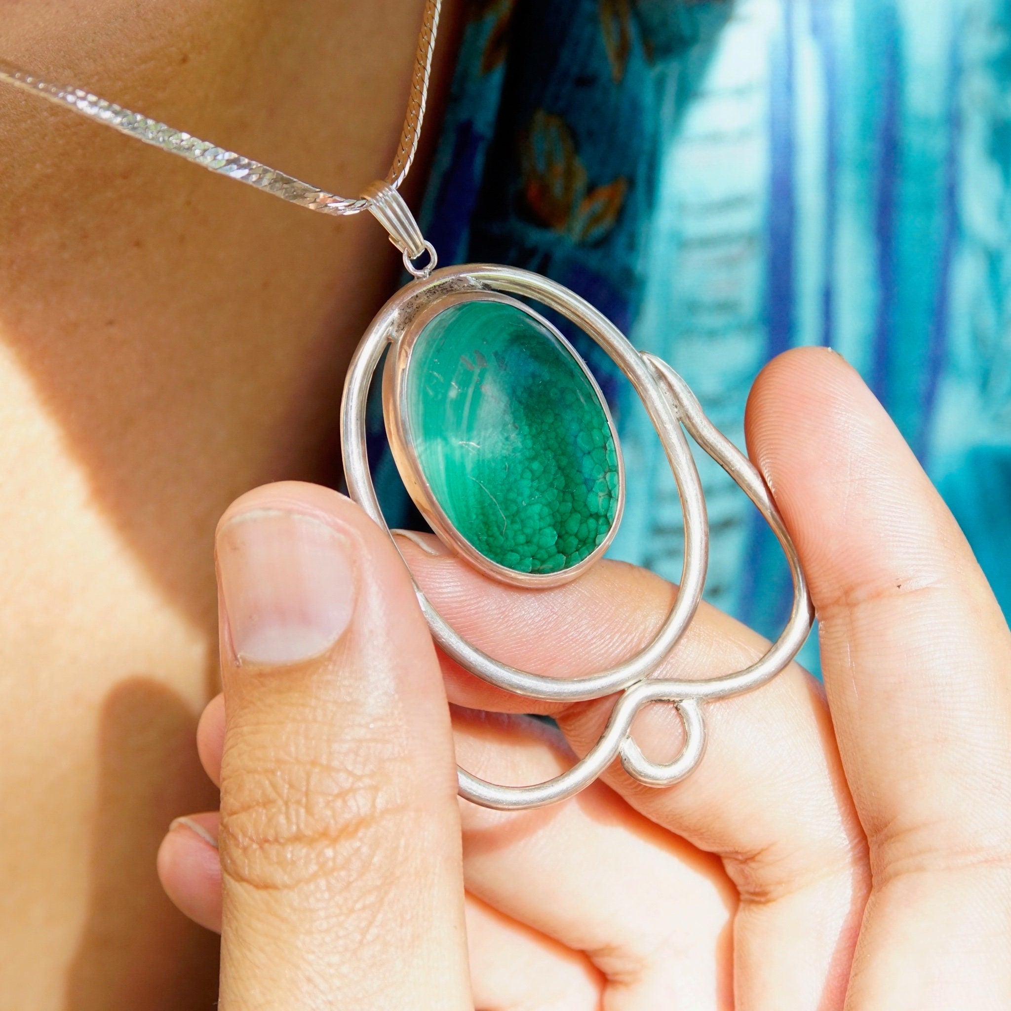 Vintage Peter Ernst Danish Modernist Sterling Silver Malachite Pendant Necklace, Large Pendant, 2mm Silver Herringbone Chain, 17 3/4" Long