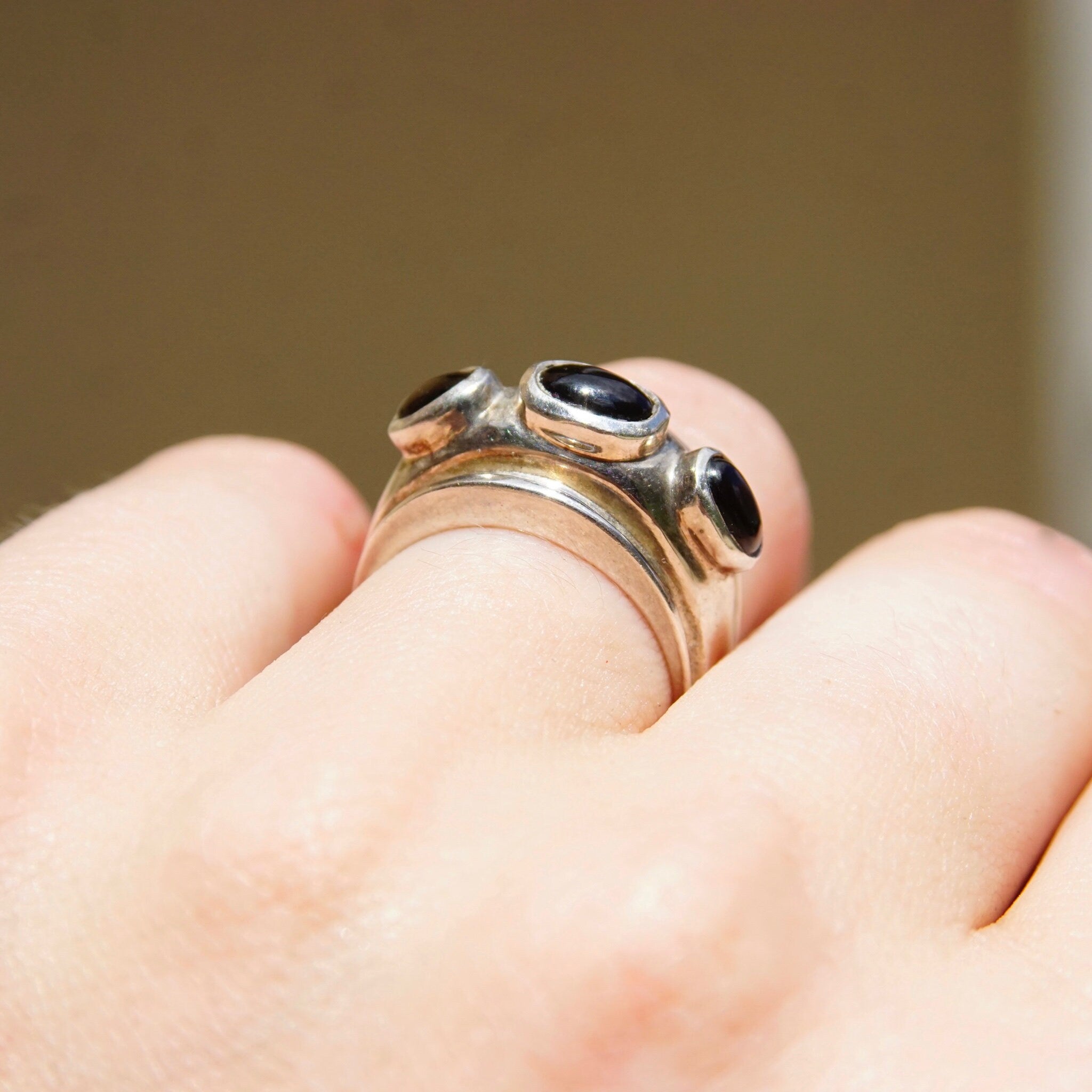 Vintage Charles Kyprell Modernist Sterling Silver Onyx Ring, 3-Stone Black Onyx Ring, Graduated Silver Ring With Raised Stones, 7 1/2 US