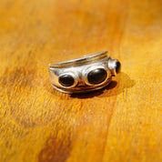 Vintage Charles Kyprell Modernist Sterling Silver Onyx Ring, 3-Stone Black Onyx Ring, Graduated Silver Ring With Raised Stones, 7 1/2 US