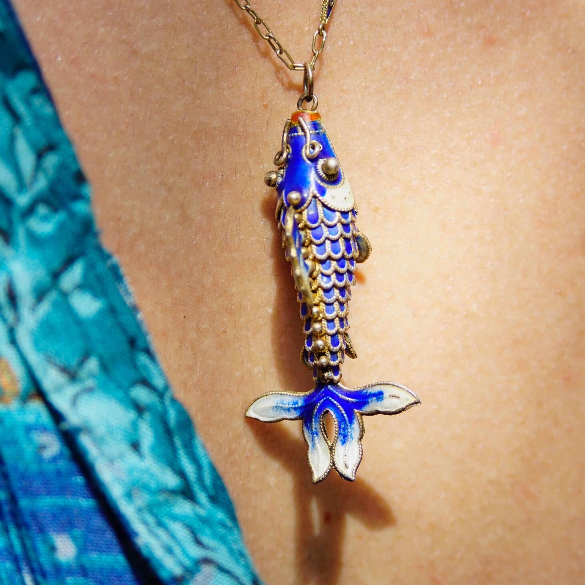 Vintage Chinese Cloisonne Enamel Koi Fish Pendant Necklace, Articulated Blue Enamel Pendant With Matching Gold Tone Chain, 23" Long