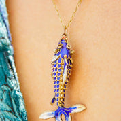 Vintage Chinese Cloisonne Enamel Koi Fish Pendant Necklace, Articulated Blue Enamel Pendant With Matching Gold Tone Chain, 23" Long